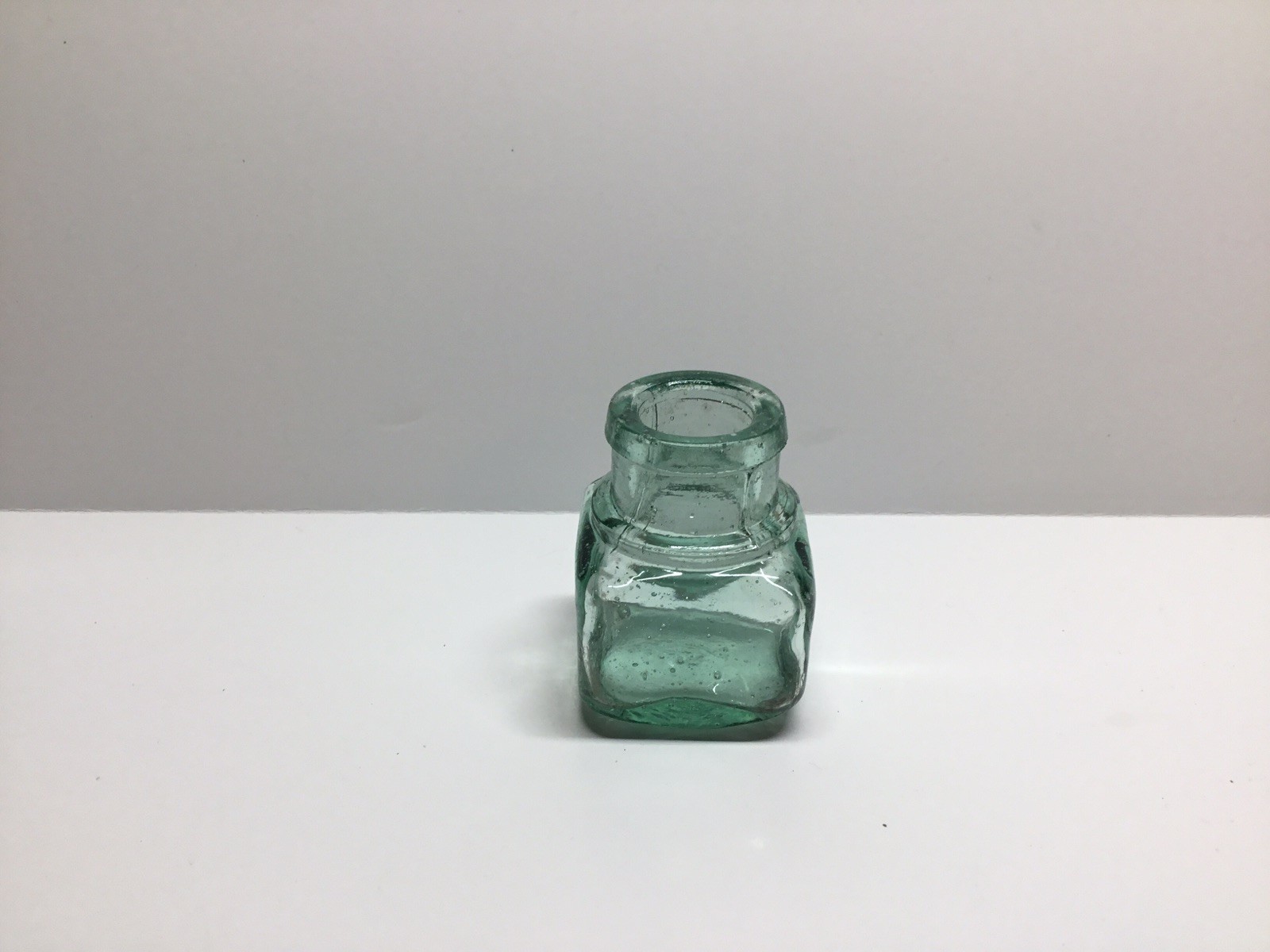 Small Antique Aqua Cube Finished Top Inkwell.