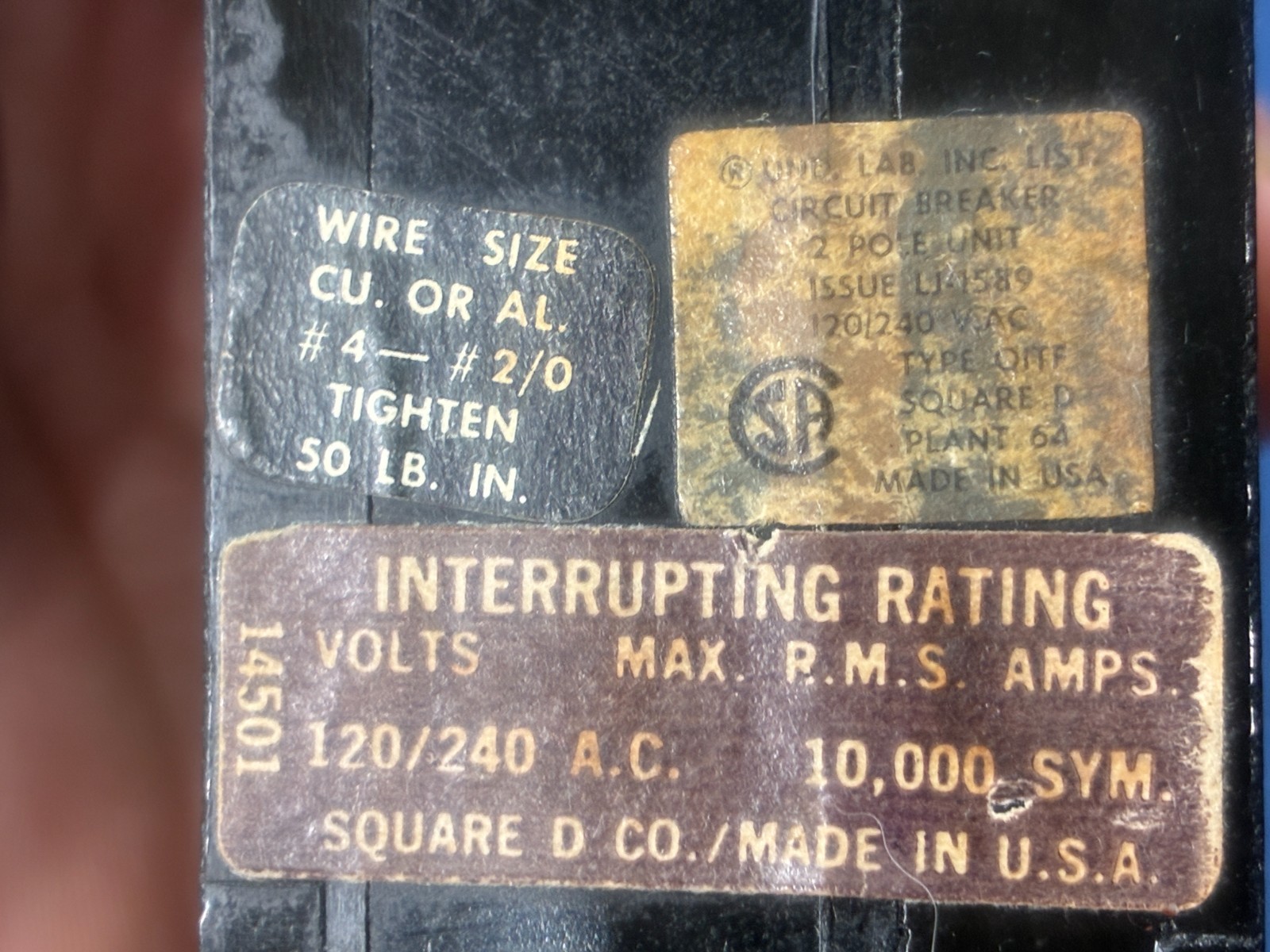 SQUARE D Q1 2100 TF Z 100 Amp 2 Pole TOP FEED MAIN CIRCUIT BREAKER Type QITF