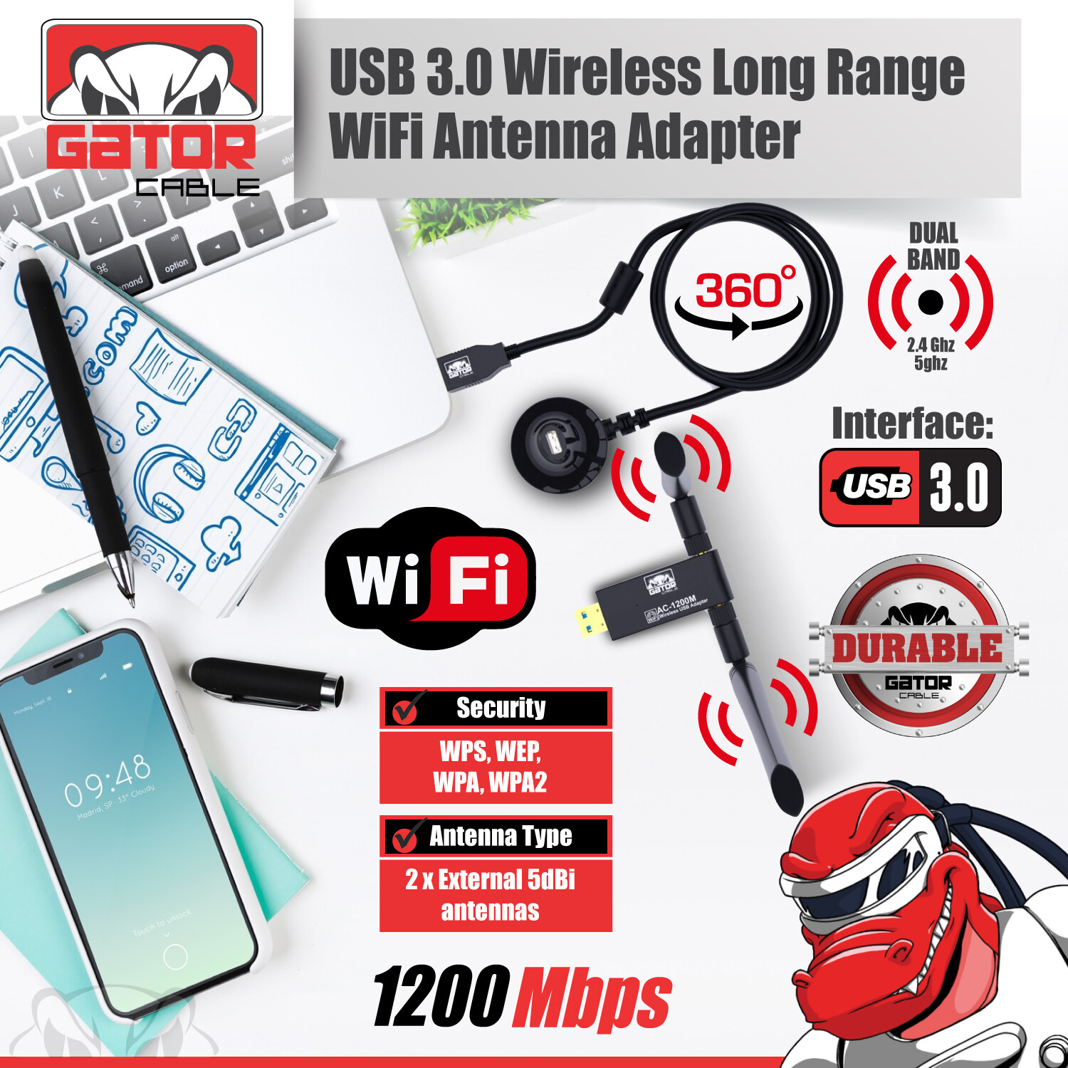 WiFi Wireless Antenna USB 3.0 Adapter Long Range 1200Mbps Dual Band 5GHz 2.4GHz