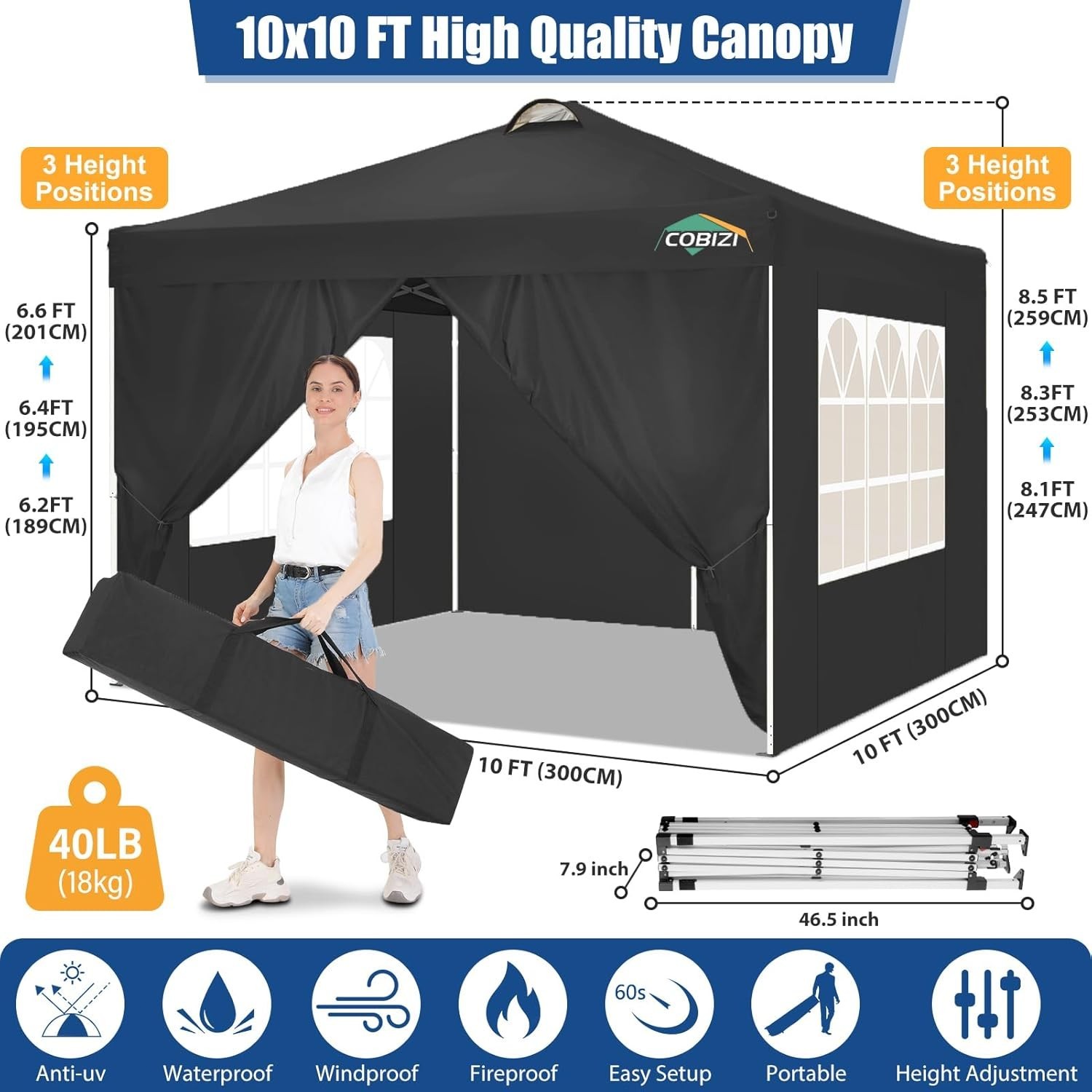 10x10 Pop Up Canopy Tent with 4 Removable Sidewalls，One Push Setup Waterproof#