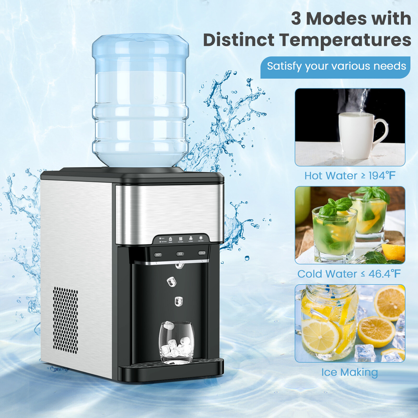 3-in-1 Water Cooler Dispenser with Built-in Ice Maker w/ 3 Temperature Settings