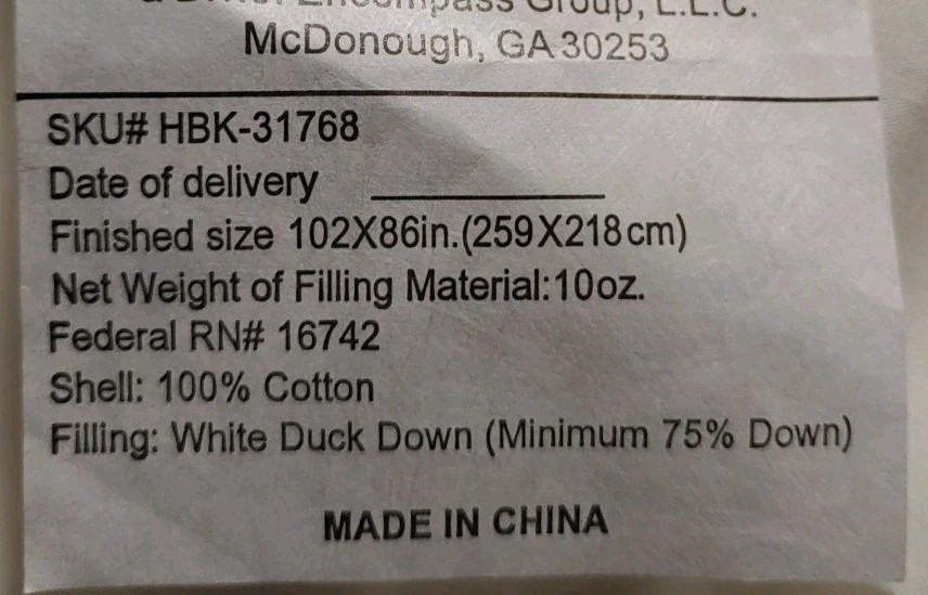 Tropical Star White Duck Down Filled 10 oz Blanket King Size 102" X 86"