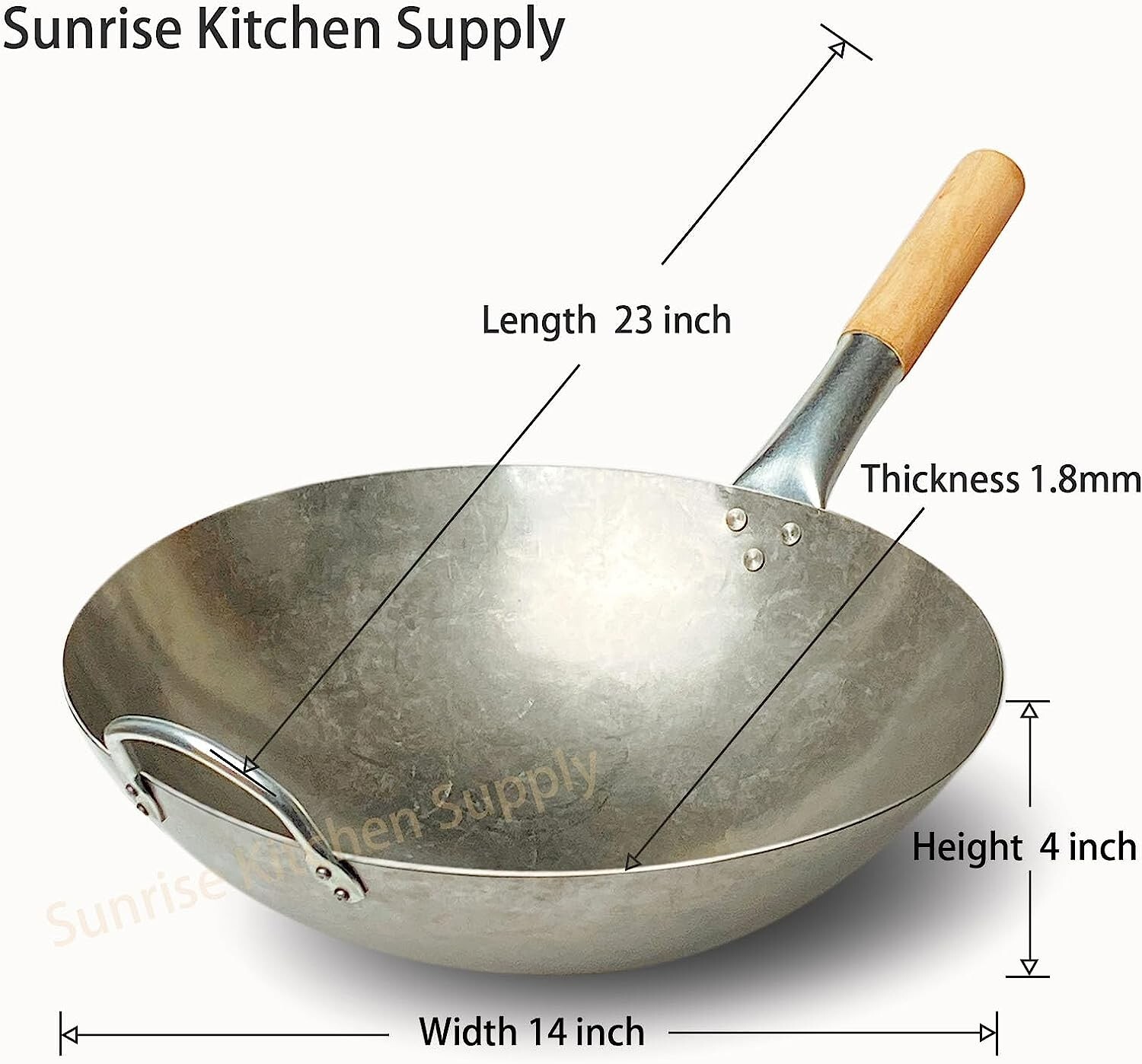 1.8 mm Thickness Heavy Duty Hand Hammered Carbon Steel Wok 14 inch, Round Bottom