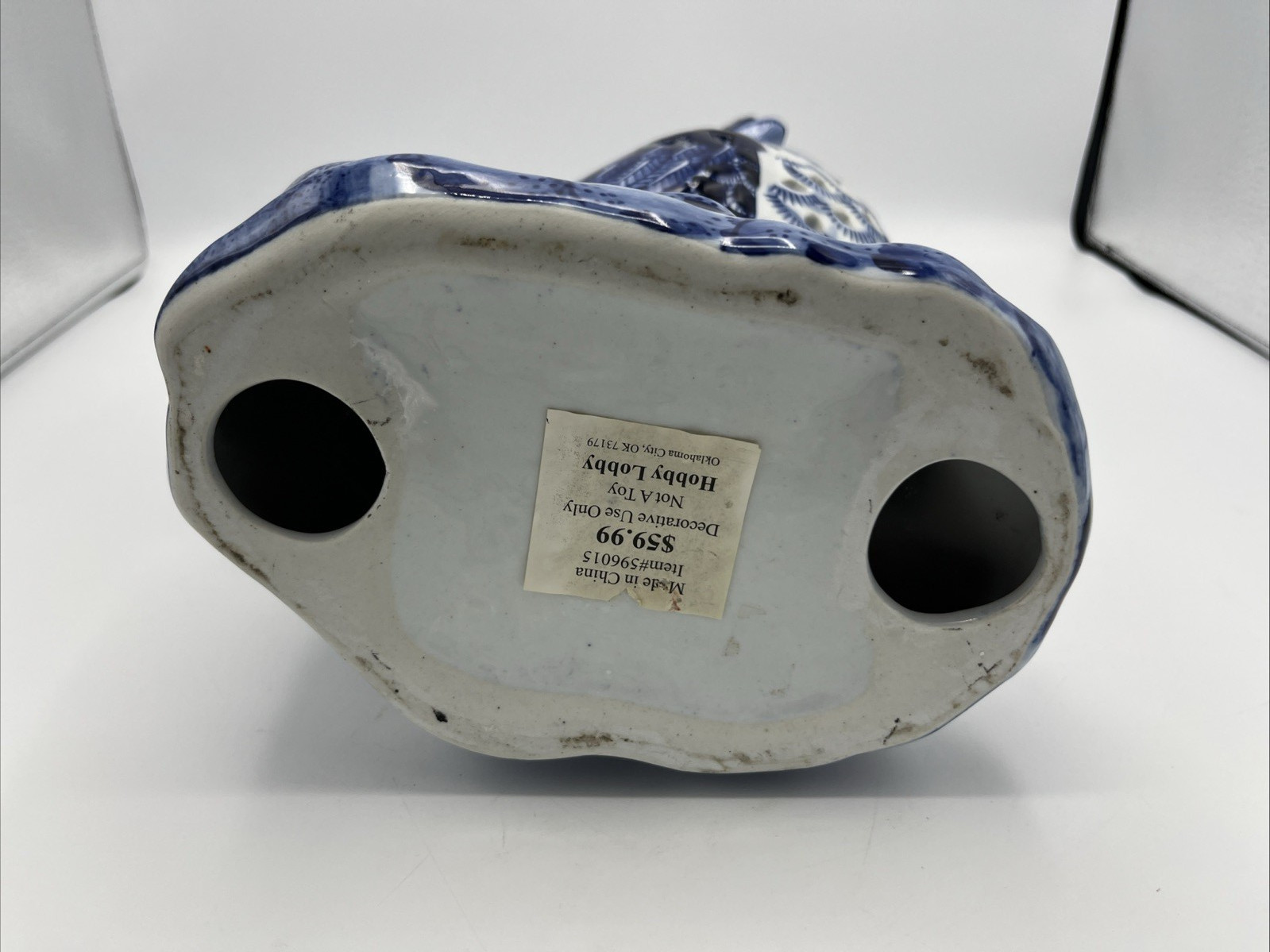 Ceramic Blue And White Chinoiserie Pierced Rooster Bird 15" High