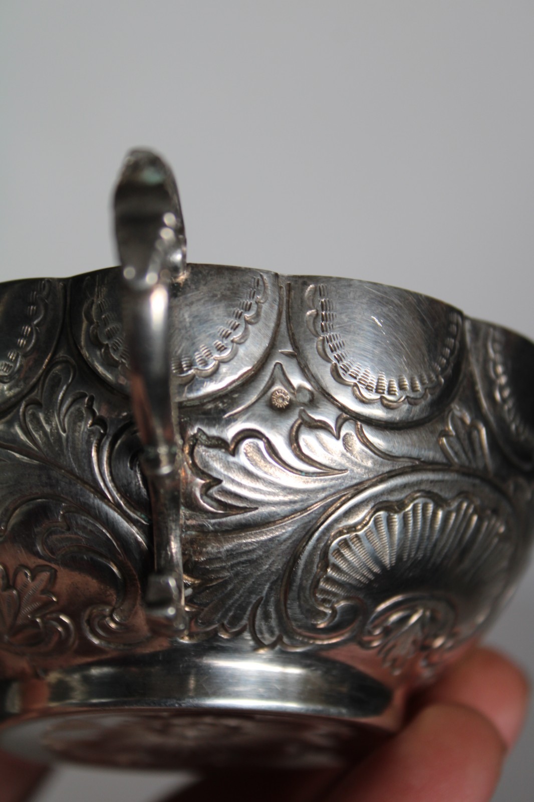 Antique 19th Century Silver Portuguese Bernegal Repousse Handled Religious Cup