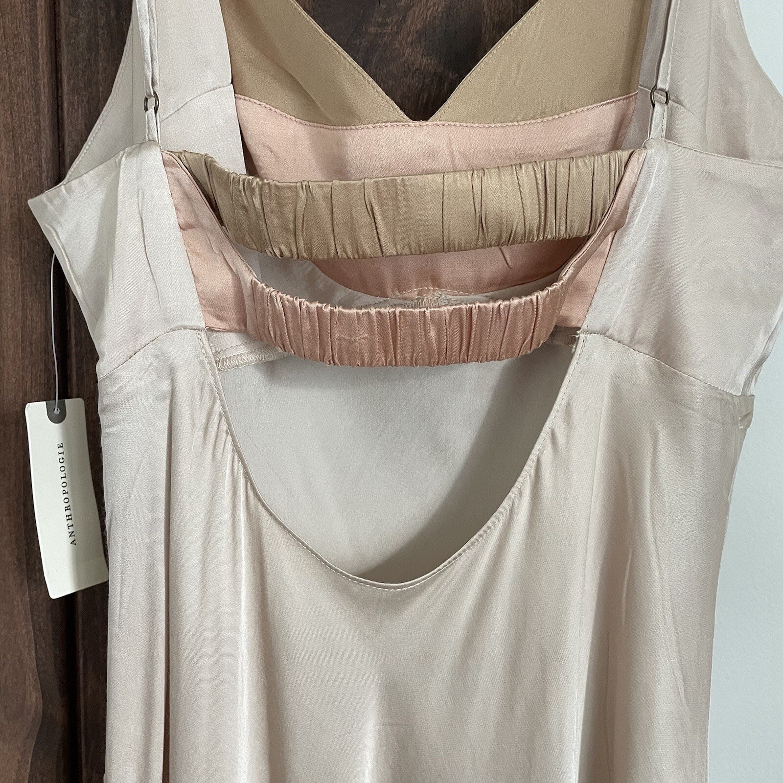NWT Anthropologie Colorblock Slip Dress Satin Medium Mini Short Cream Beige New