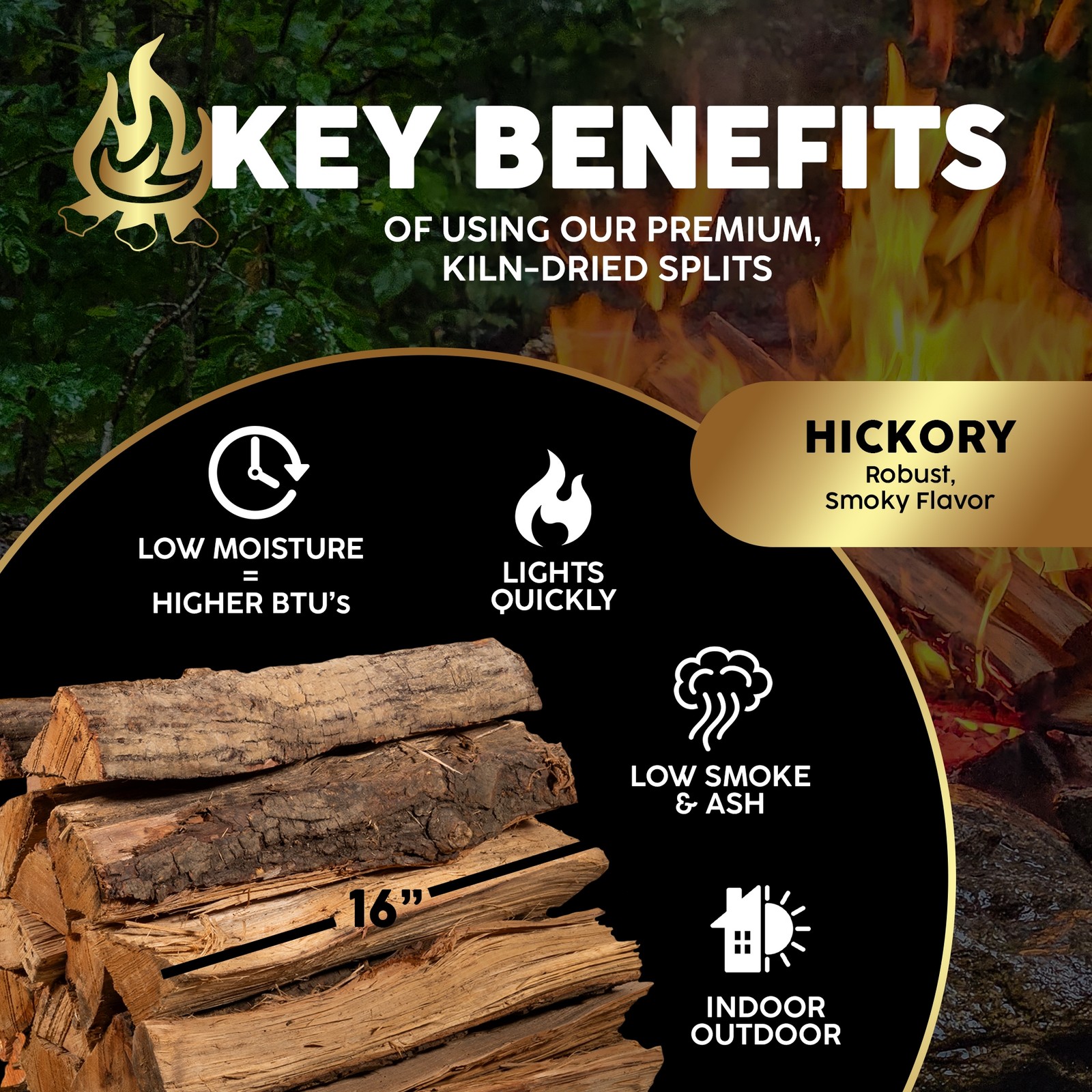 Firewood Central Kiln-Dried Hickory 16" Splits (14–18) – Clean Burn, USA Sourced