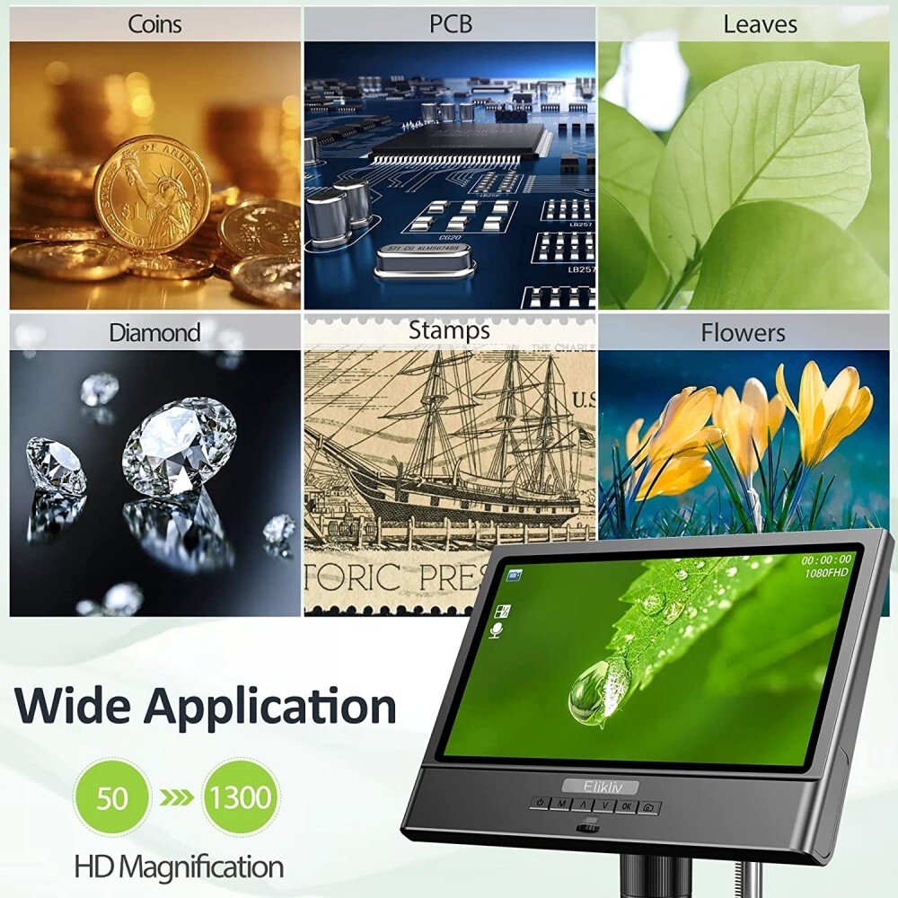 Elikliv 10'' Digital Microscope 1300X Jewelry Loupe Coin Magnifier w/ LED Light