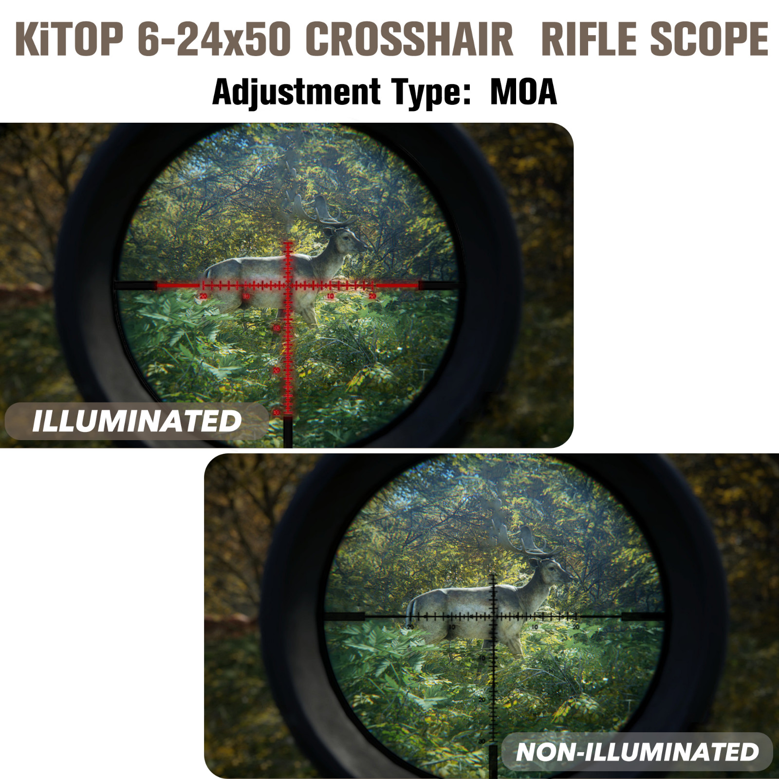 KiTOP Optics 6-24x50mm Crosshair Rifle Scope w/ FFP Illuminated MOA Reticle