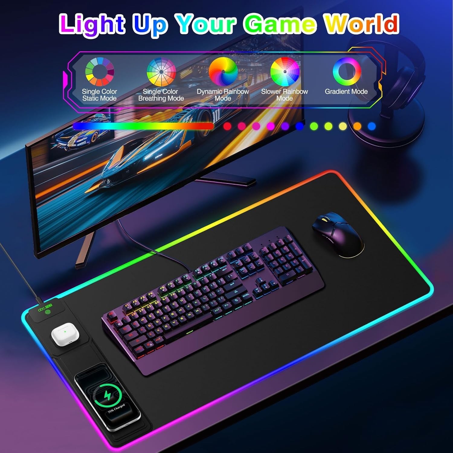 New - ABCMat XXL RGB LED Gaming Mouse Pad with Magnetic Wireless Charger