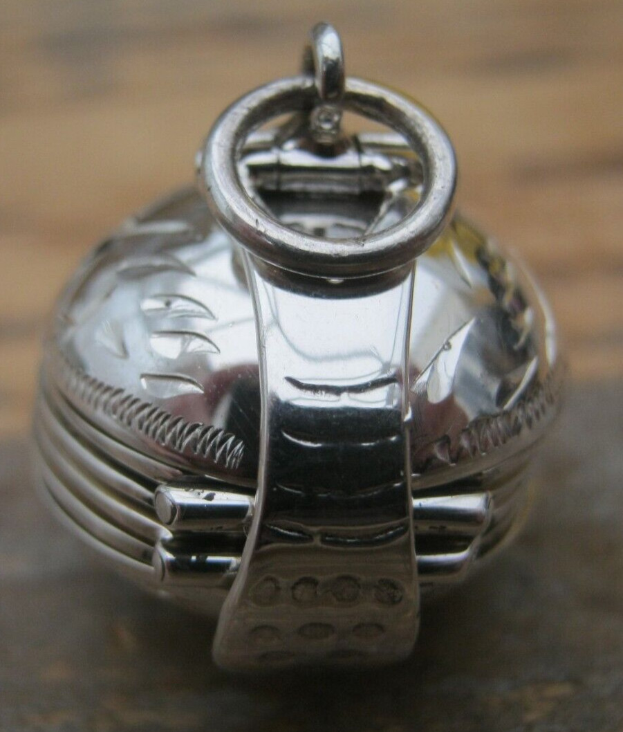 Pretty English HM Sterling Silver Engraved Folding Photo Ball Locket Pendant Fob