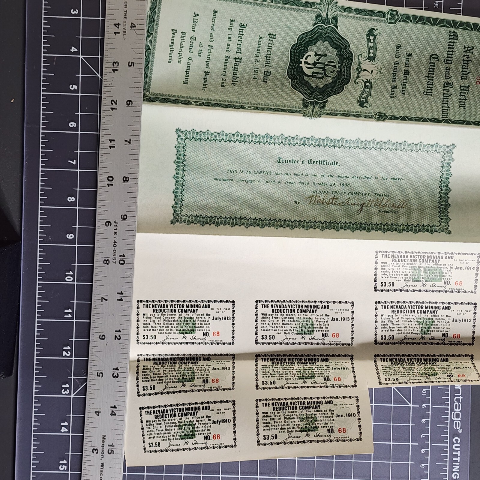 Nevada Victor Mining Reduction Co. Gold Coupon Bond 1908 First Mortgage #68