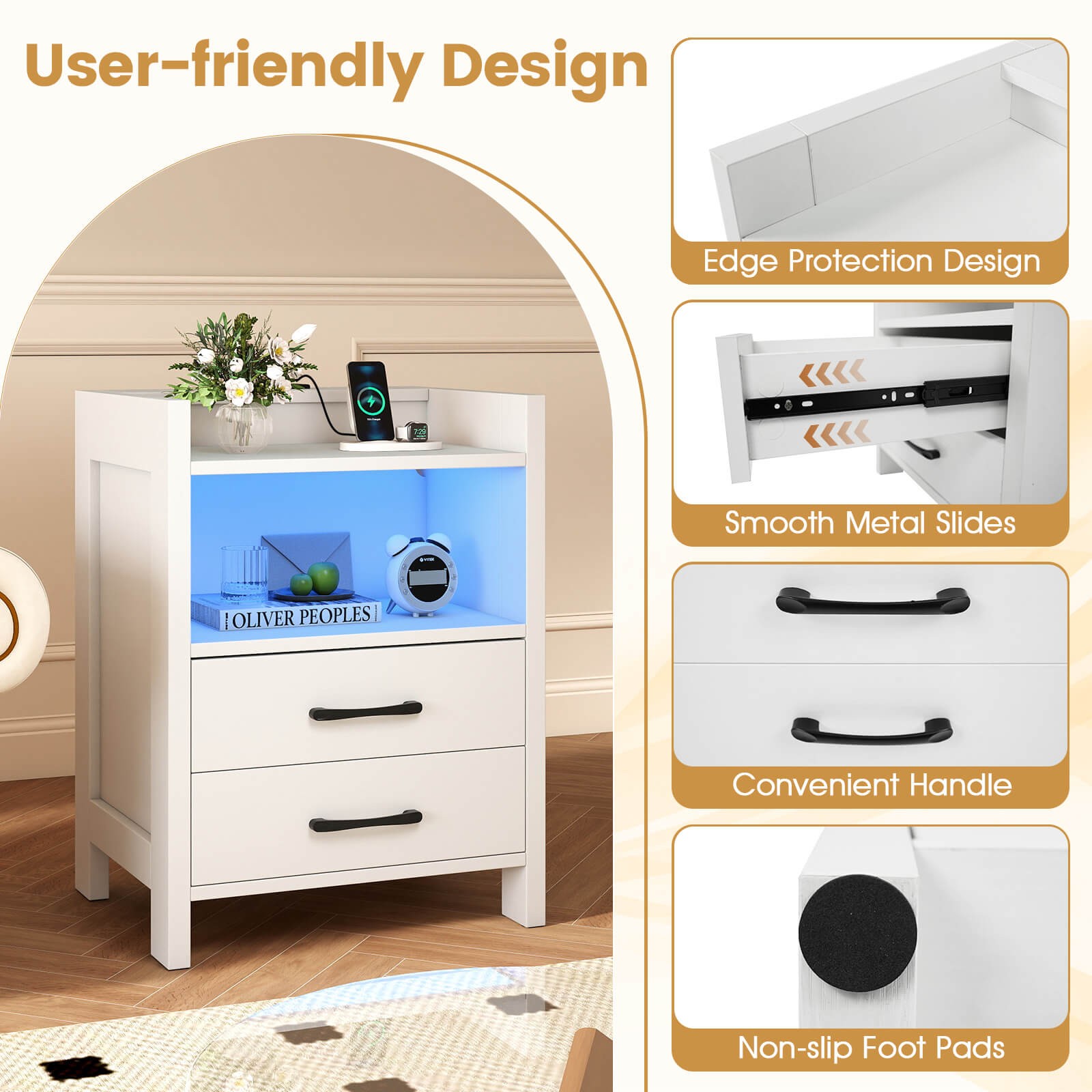 23.5” Nightstand w/LED Lights & Charging Station, USB Port & Outlets for Bedroom