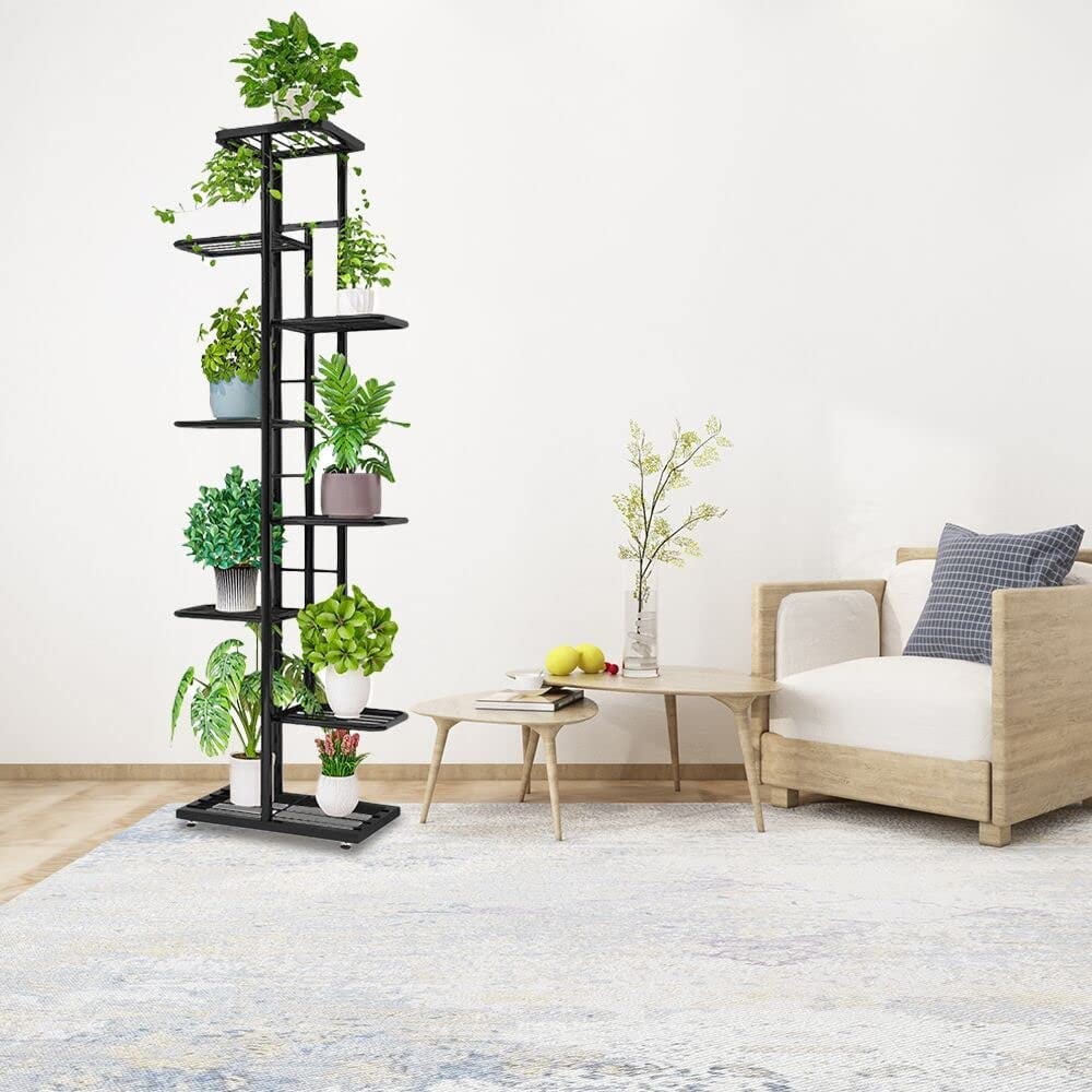 Indoor Outdoor Garden Plant Stand 8 Tier Metal Shelves Black Space Saver