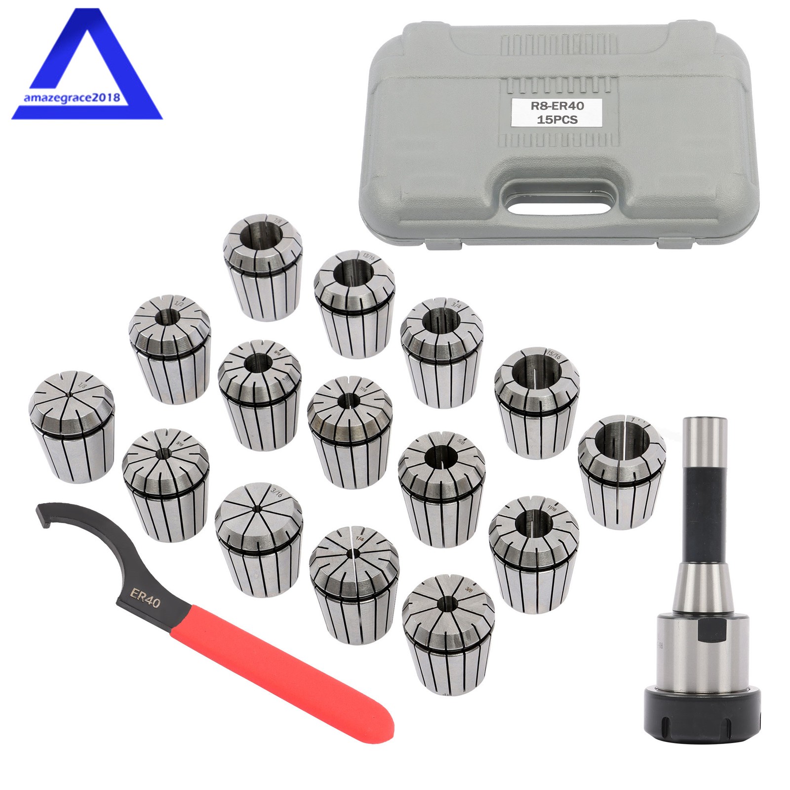 15 Pcs 1-/8'' - 1'' Collet Set R8 ER40 Shank Chuck Holder for Milling Machine