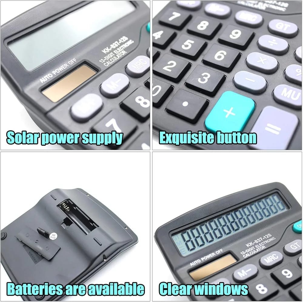 Dual Power Desktop Calculator – 12-Digit Large Display & Big Buttons