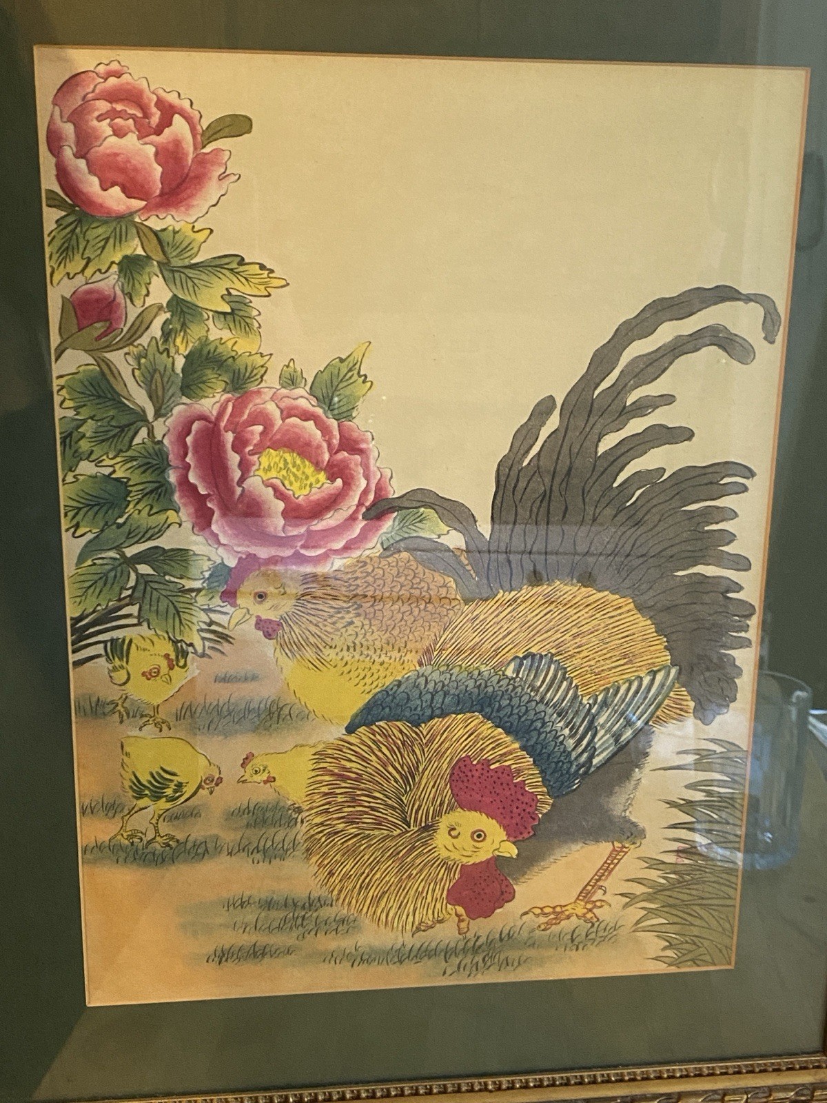 Vintage Asian Rooster & Peony Artwork
