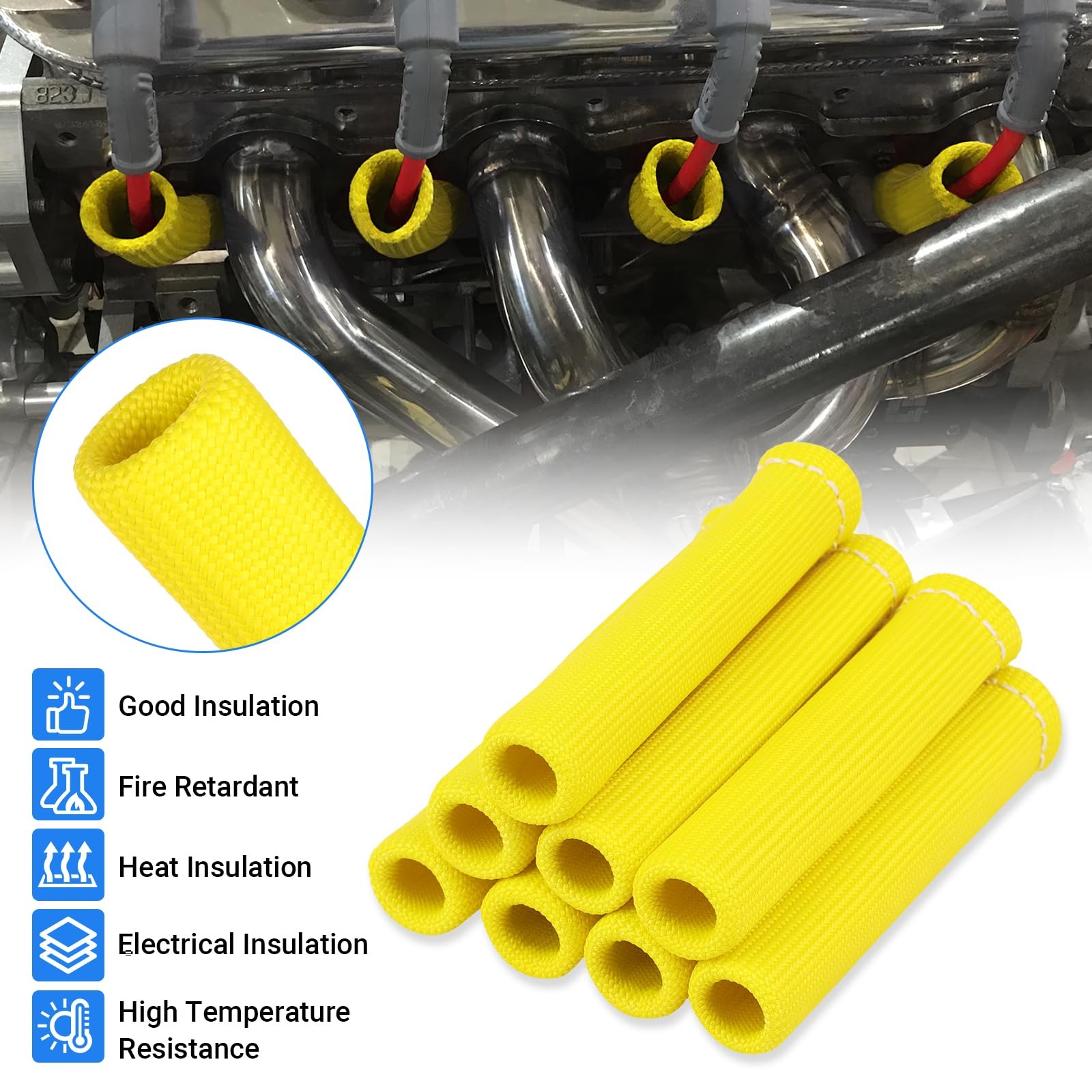 2500° Spark Plug Heat Shield Sleeve for 8PCS Wire Boots Yellow