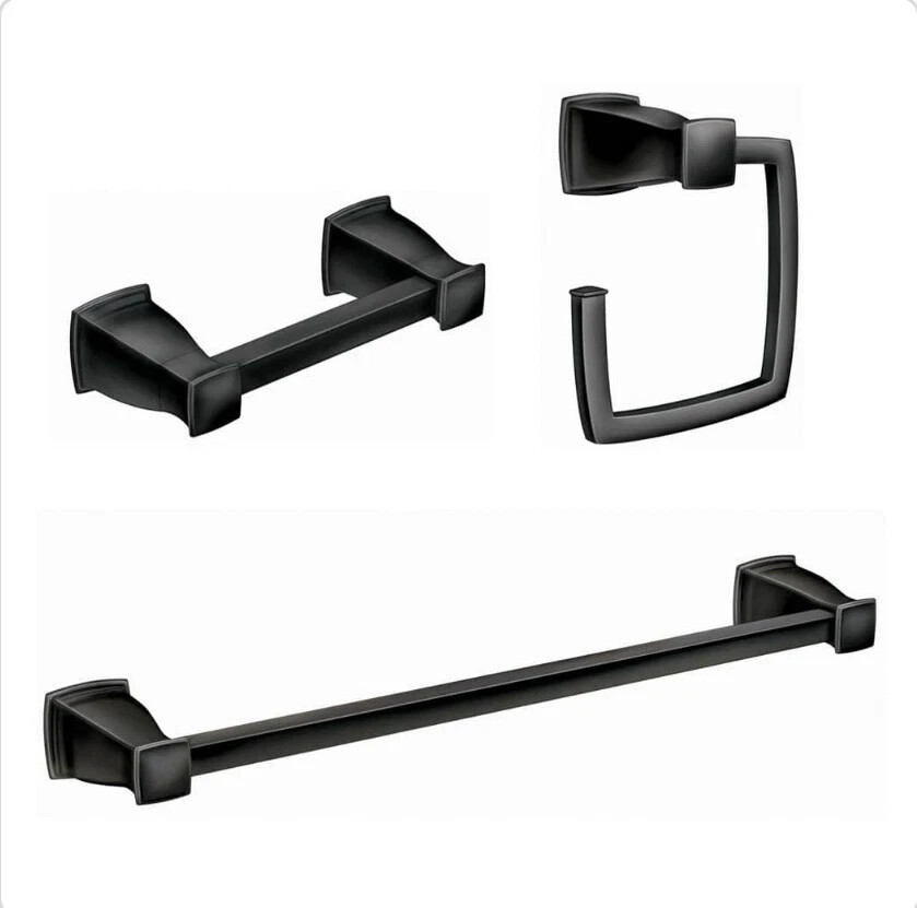Moen Hensley 3-Pc Bath Hardware Set 24" Towel Bar Ring Paper Holder Matte Black