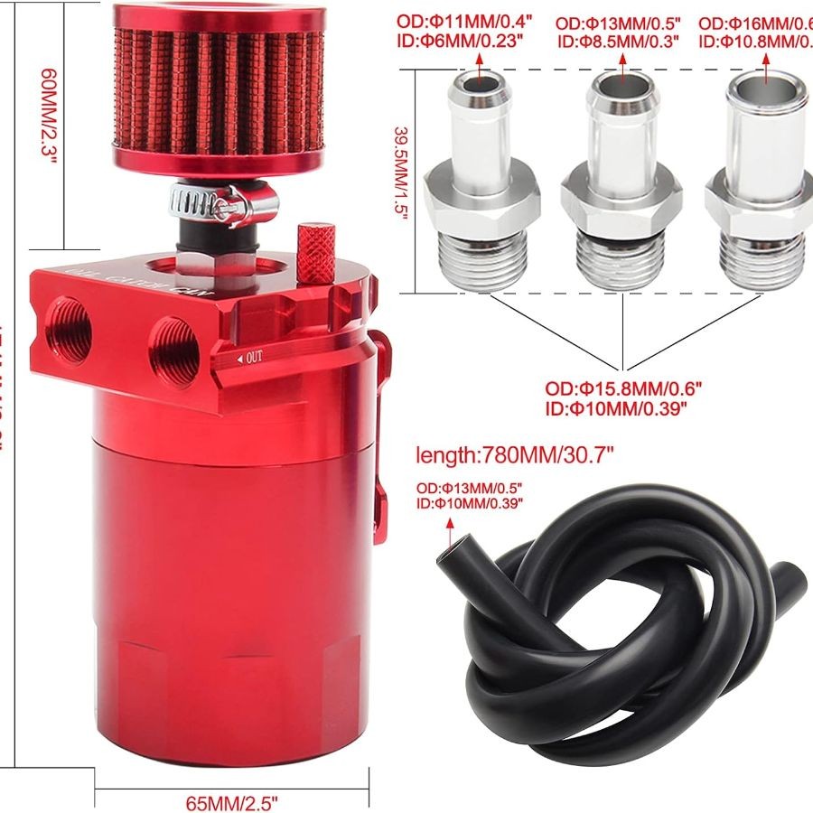 Polish Baffled Reservoir Oil Catch Can Kit with Breather Filter Aluminum Red