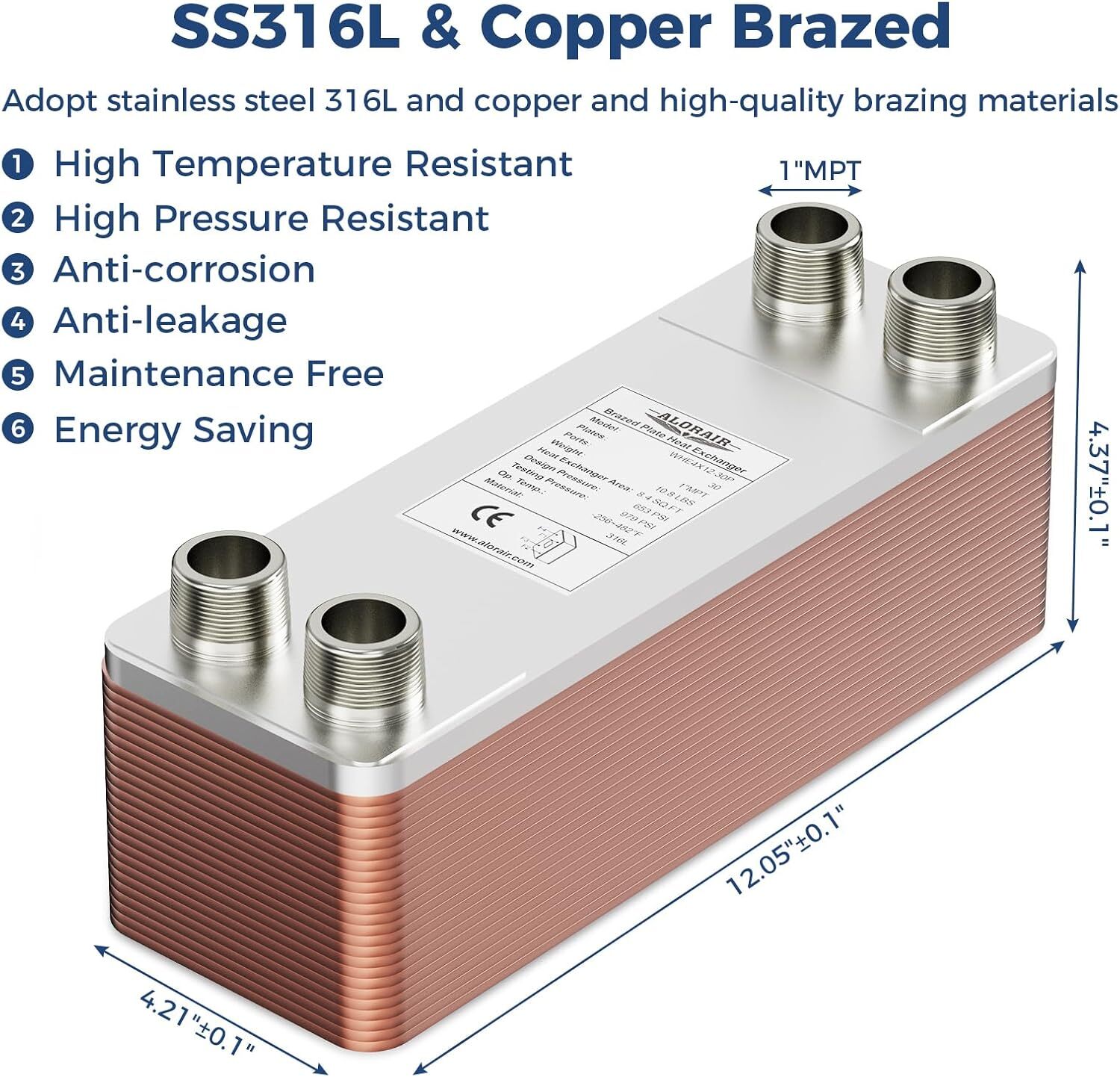 ALORAIR Brazed 10-40 Plate Heat Exchanger 4"x12" 316L St. Steel Water to Water