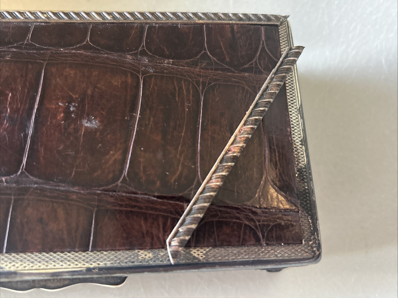 Aristocrat Silver Plate w/ Crocodile/ Alligator Top Cigarette Box Wood Lining