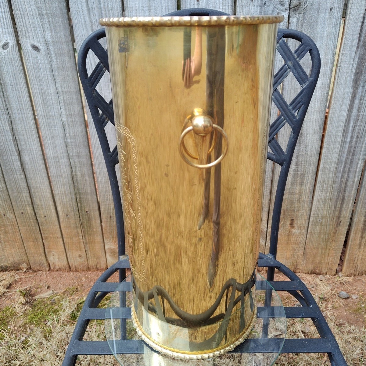 Vintage Brass Umbrella Cane Holder Stand 18" with Decorative Handles Asian Motif