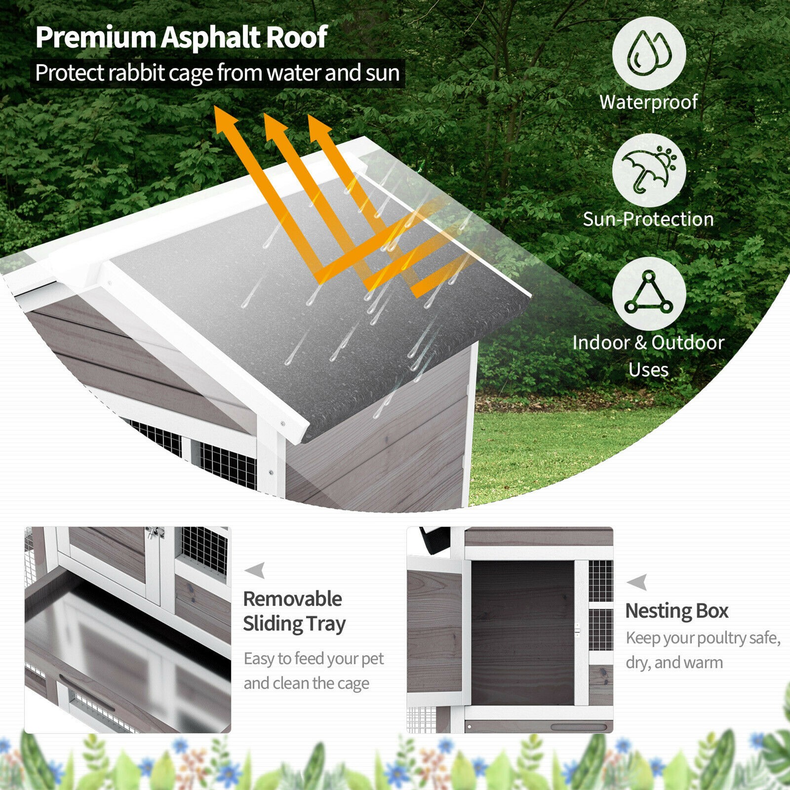 Wooden Chicken Coop Outdoor & Indoor Small Rabbit Hutch w/ Run Grey
