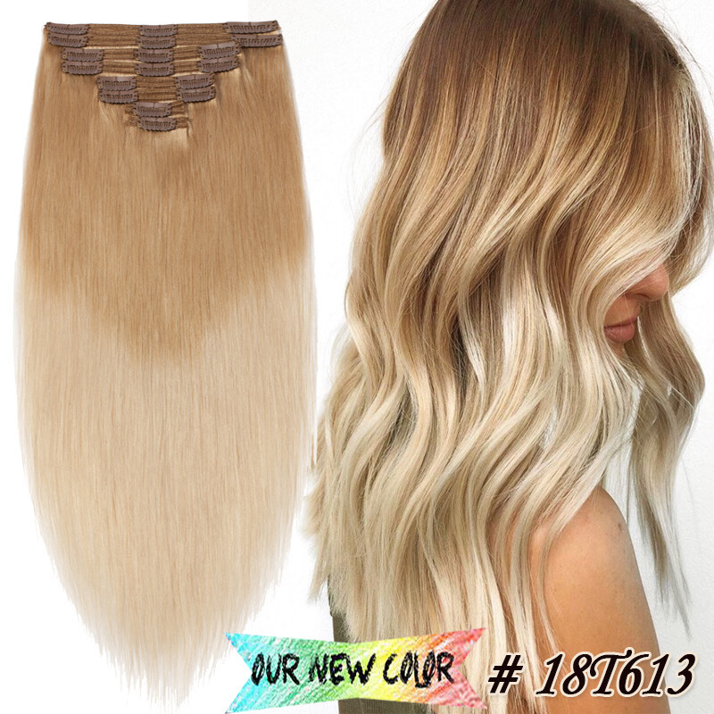 Thick Double Weft Clip In Real Remy Human Hair Extensions Full Head Highlight US