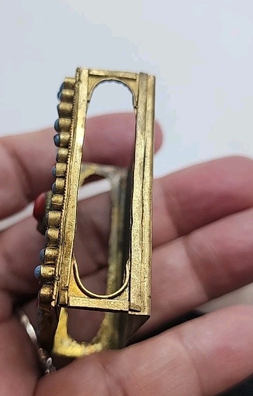 VTG Tibetan Chinese Brass Filigree Matchbox Holder with Turquoise and Red Coral