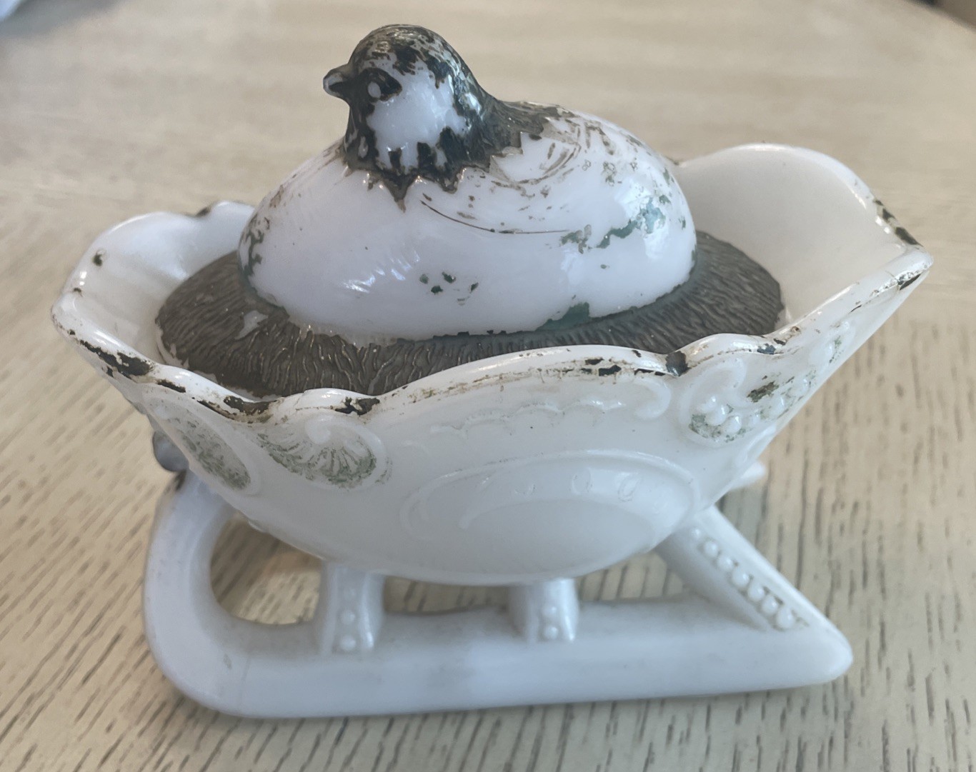 Antique RARE Westmoreland Chick in Egg On Sleigh Milk Glass 100+ Yrs Old!