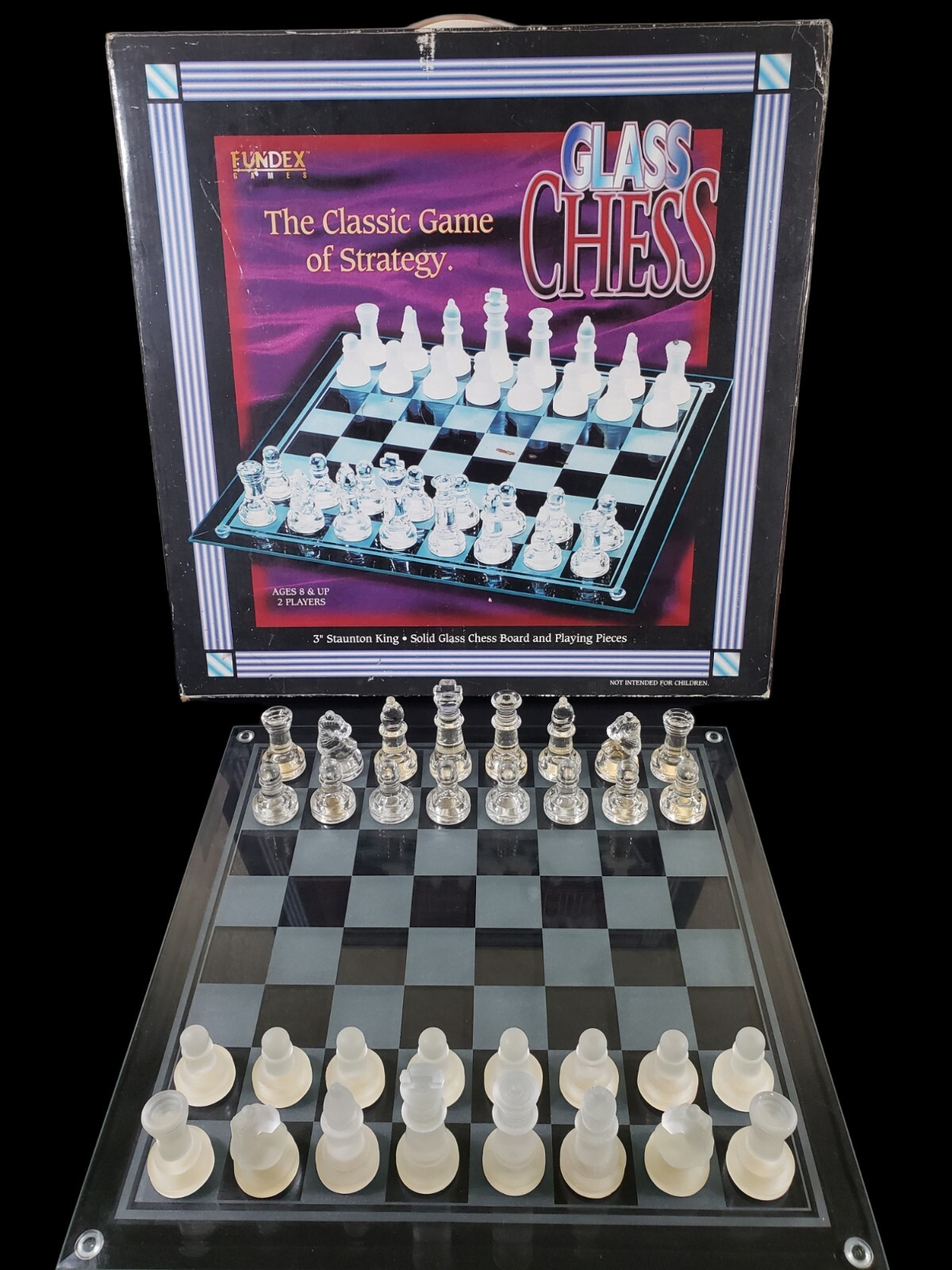 Chess Board Vtg 14 x 14 Glass w/ Glass & Frosted Playing Pieces Complete w/ Box