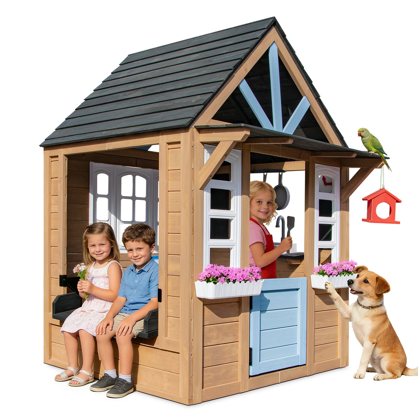 Kids Wooden Playhouse Cottage w/Bench,Play Kitchen,Chalkboard,Flowerpot,Birdcage