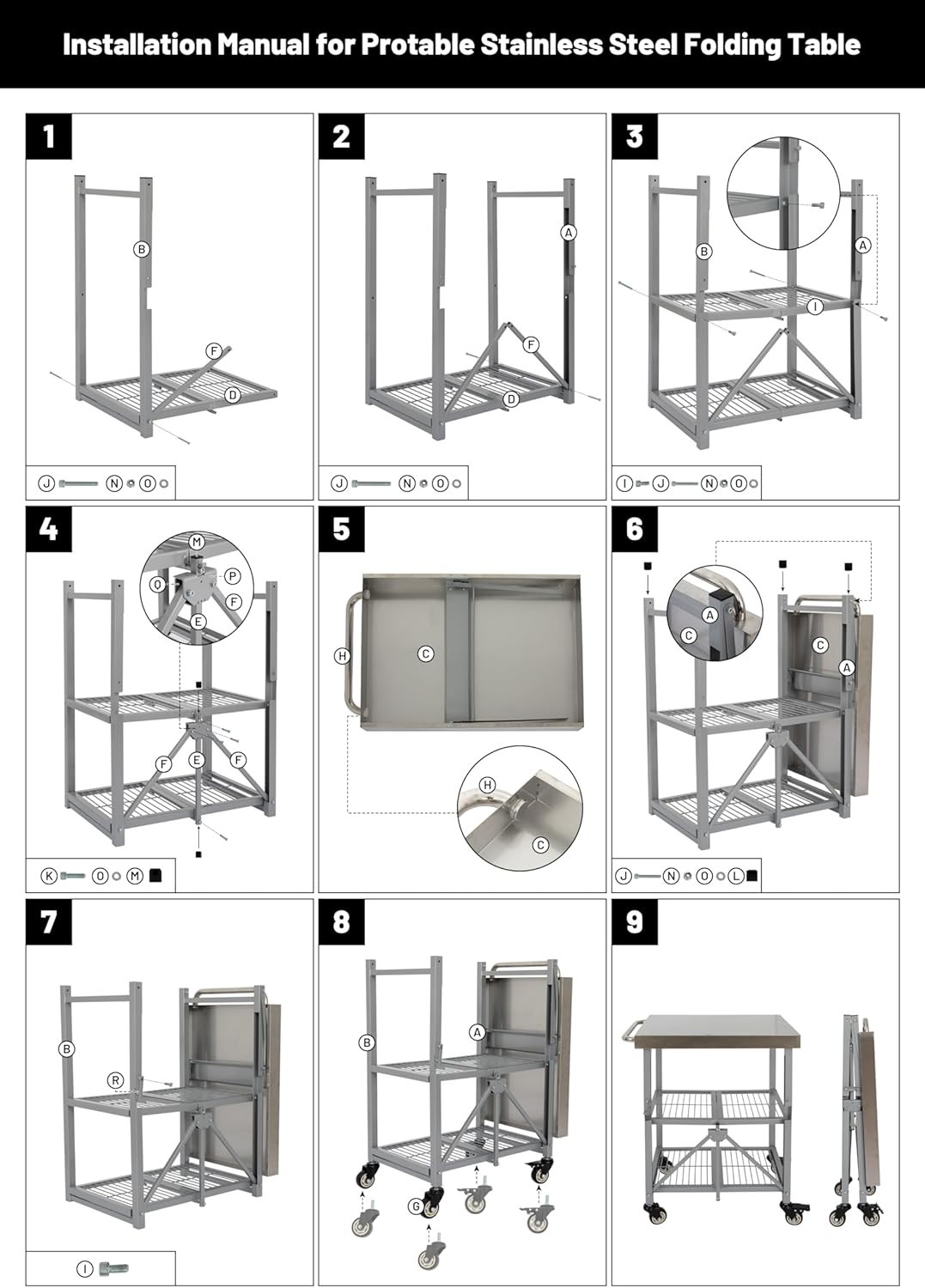 3-Tier Stainless Steel Rolling Utility Cart, 300 LBS Foldable Service Table
