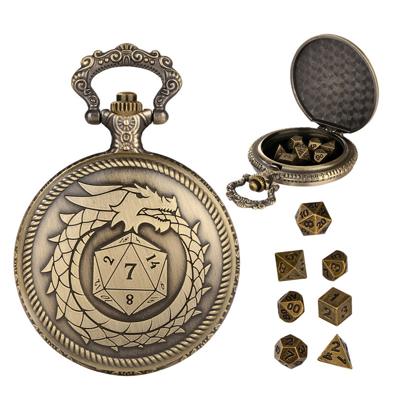 7Pcs Dnd Dungeons & Dragons Polyhedral Dice Set in Dragon D20 Pocket Watch Case