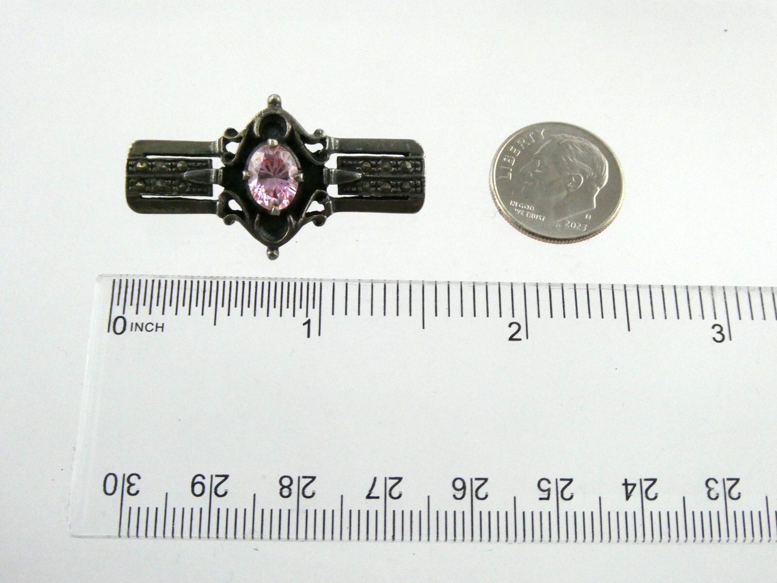 Sterling Silver Pink CZ and Marcasite Studded Bar Brooch Pin 925 6.7g 1.5 Inches