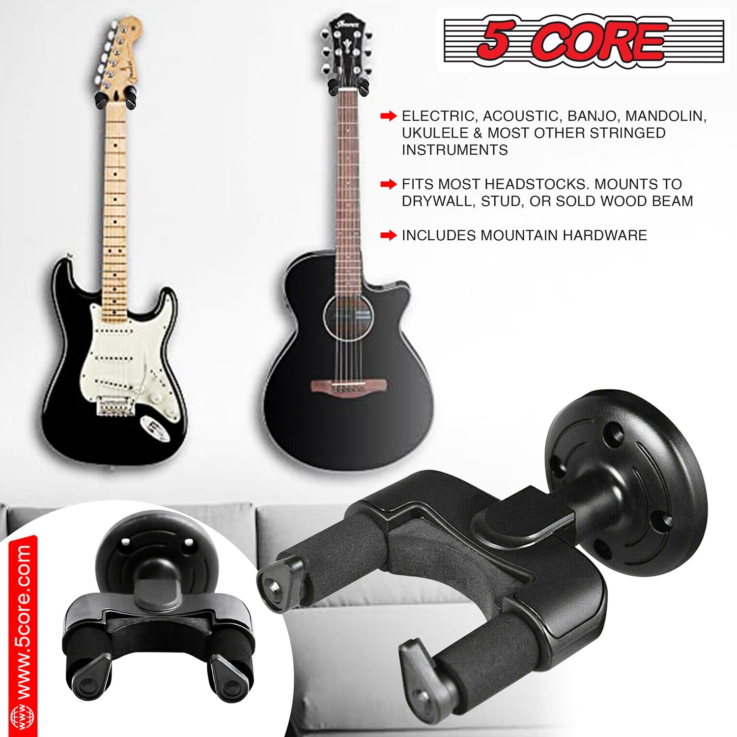 5Core Guitar Wall Mount Hanger 4Pc Hook Soft Padding Adjustable Rotatable Holder