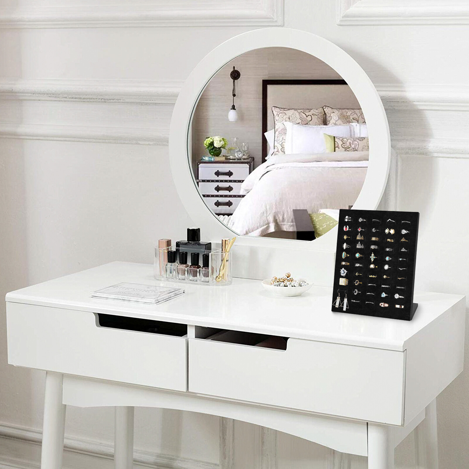 Velvet Ring Display Stand, 50 Slots L-Shaped Jewelry Holder Showcase Organizer