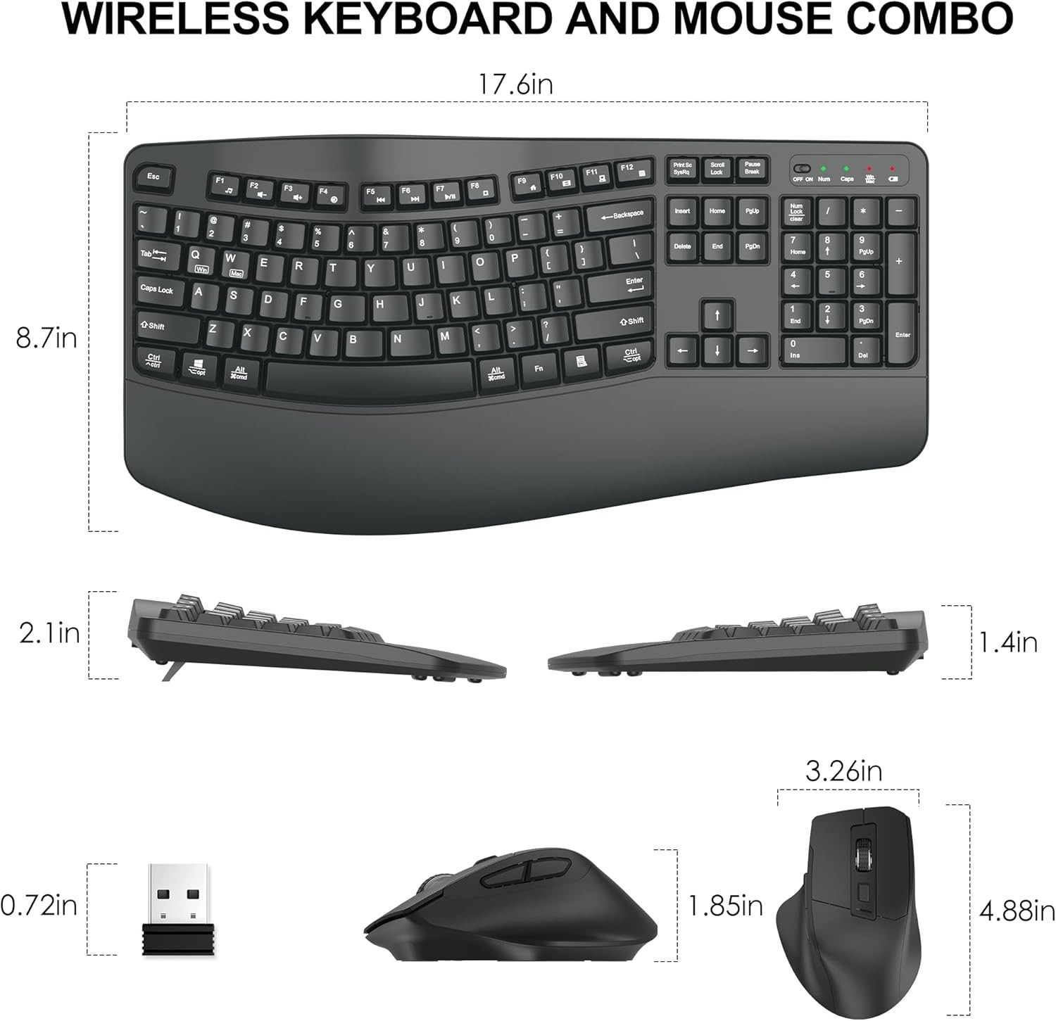 Wireless Keyboard and Mouse Combo, 2.4G Full Size Wave Keys Ergonomic Keyboard