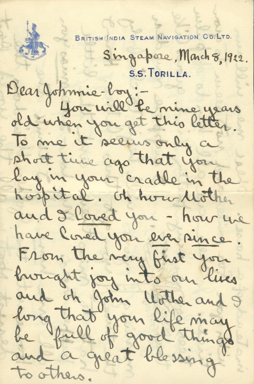 S Ralph Harlow Missionary 1922 SS Torilla Singapore Handwritten Letter to Son
