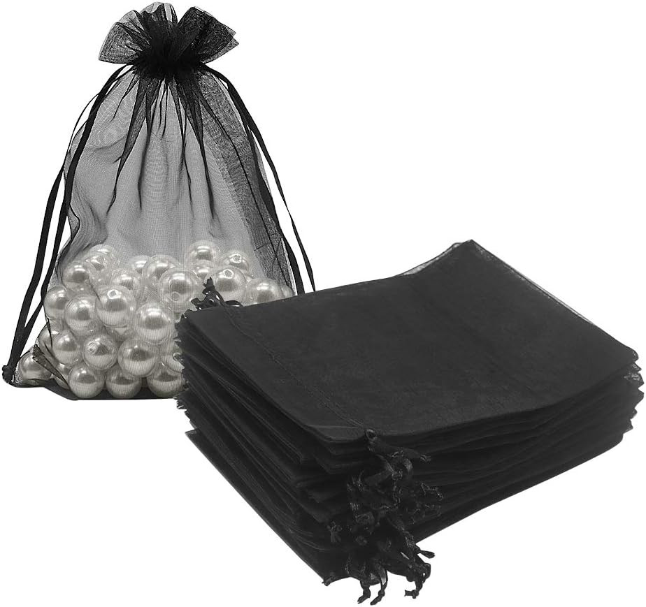 Black Organza Bags 5x7 inch 100pcs, Mesh Candy Bags Jewelry Pouches Drawstring E
