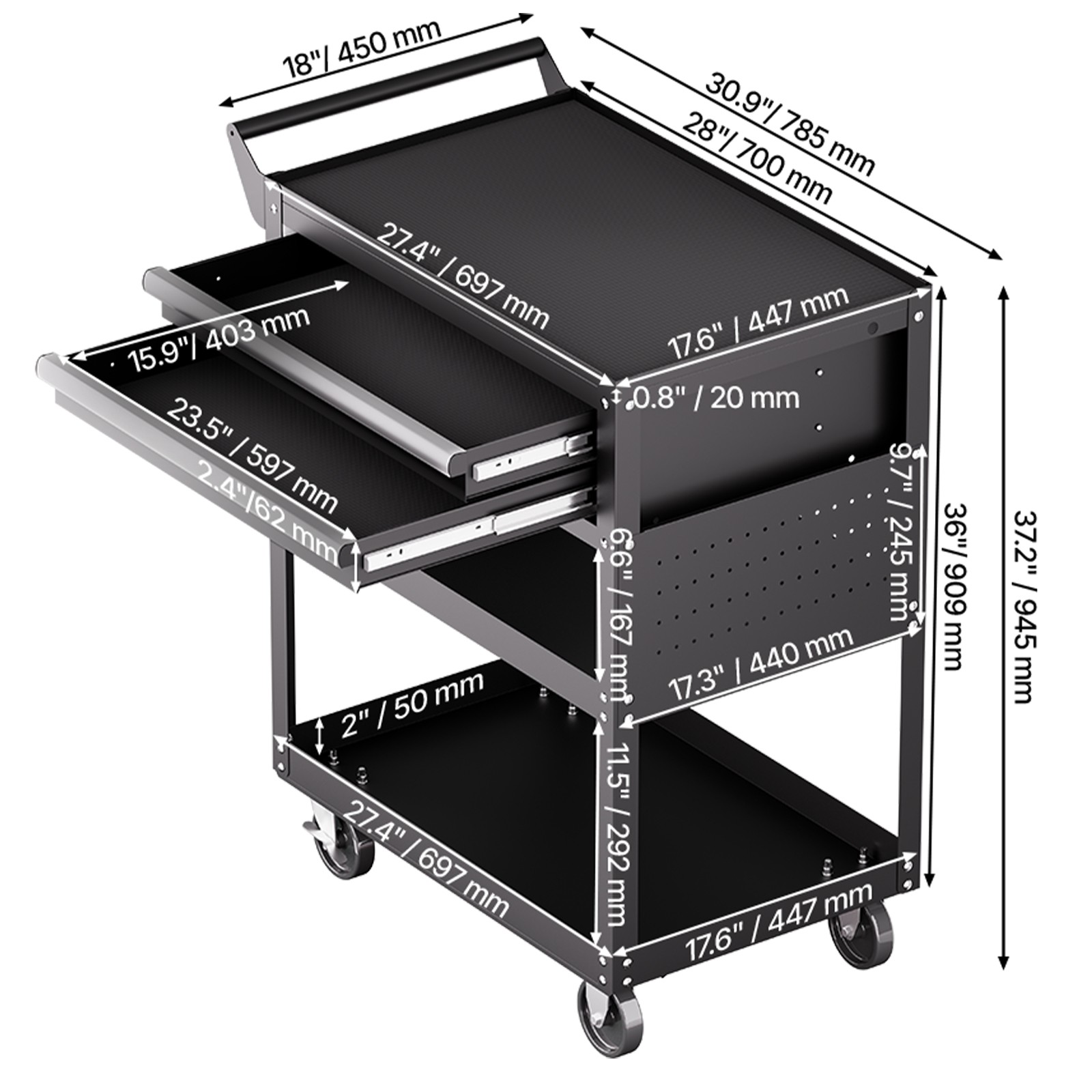 5-Tier Tool Cart on Wheels 400 lb Rolling Work Cart with Drawer & Pegboard