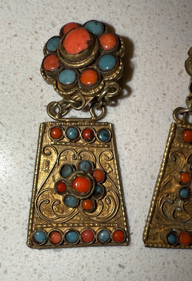 Coral & Turquoise Nepal Brass Tibetan Jewelry 3 piece Set ANTIQUE