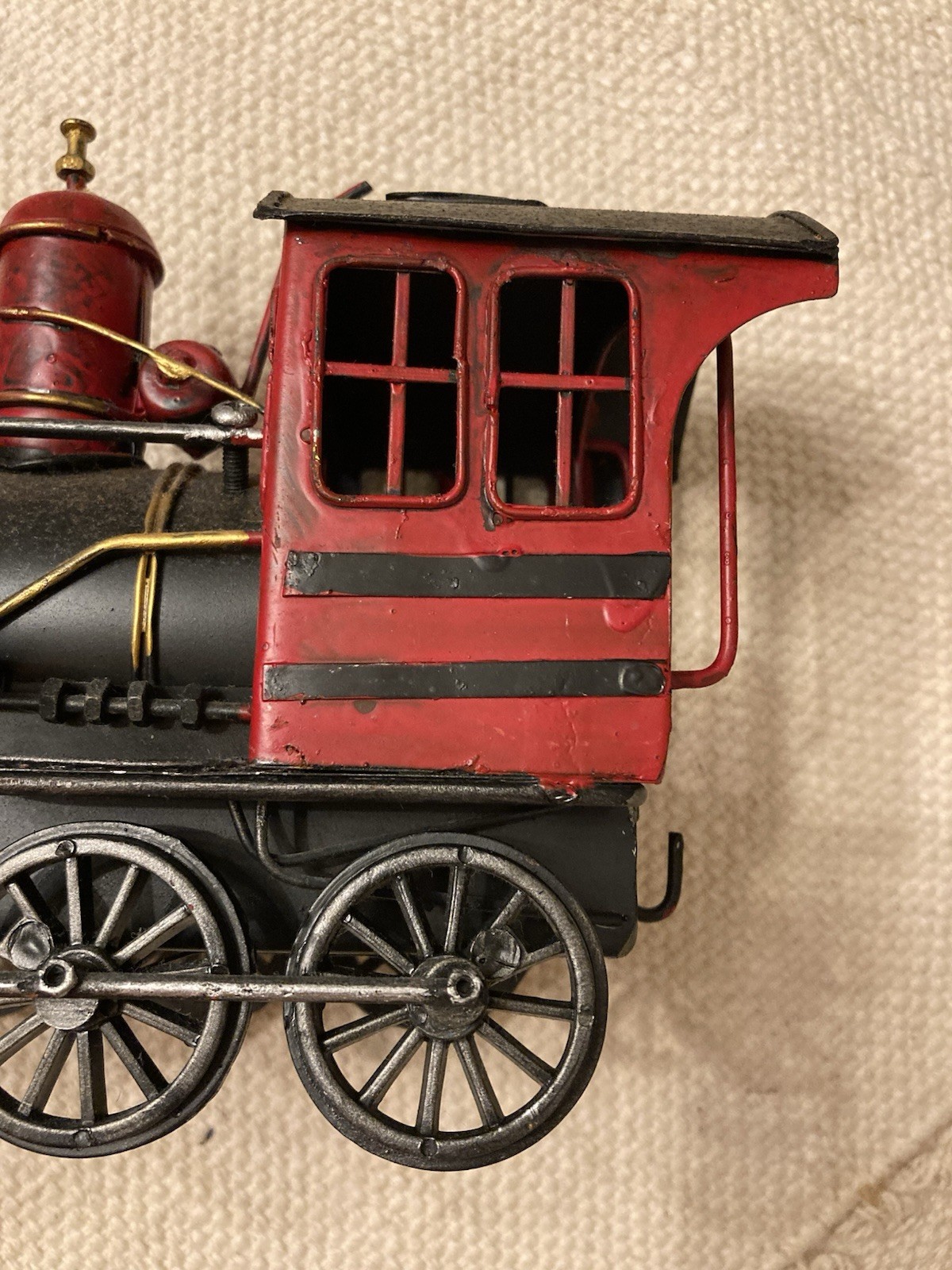 Vtg Decorative Metal Steam Locomotive Model Train Engine Red Black Gold On Base