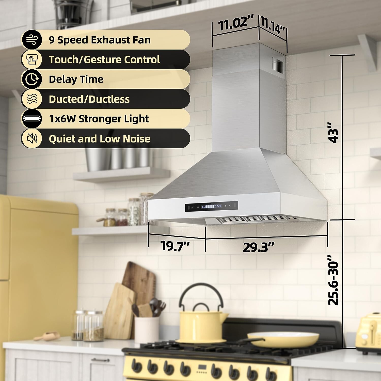 30inch Wall Mount Kitchen Range Hood Stainless Steel 900CFM 9Speed Touch Control