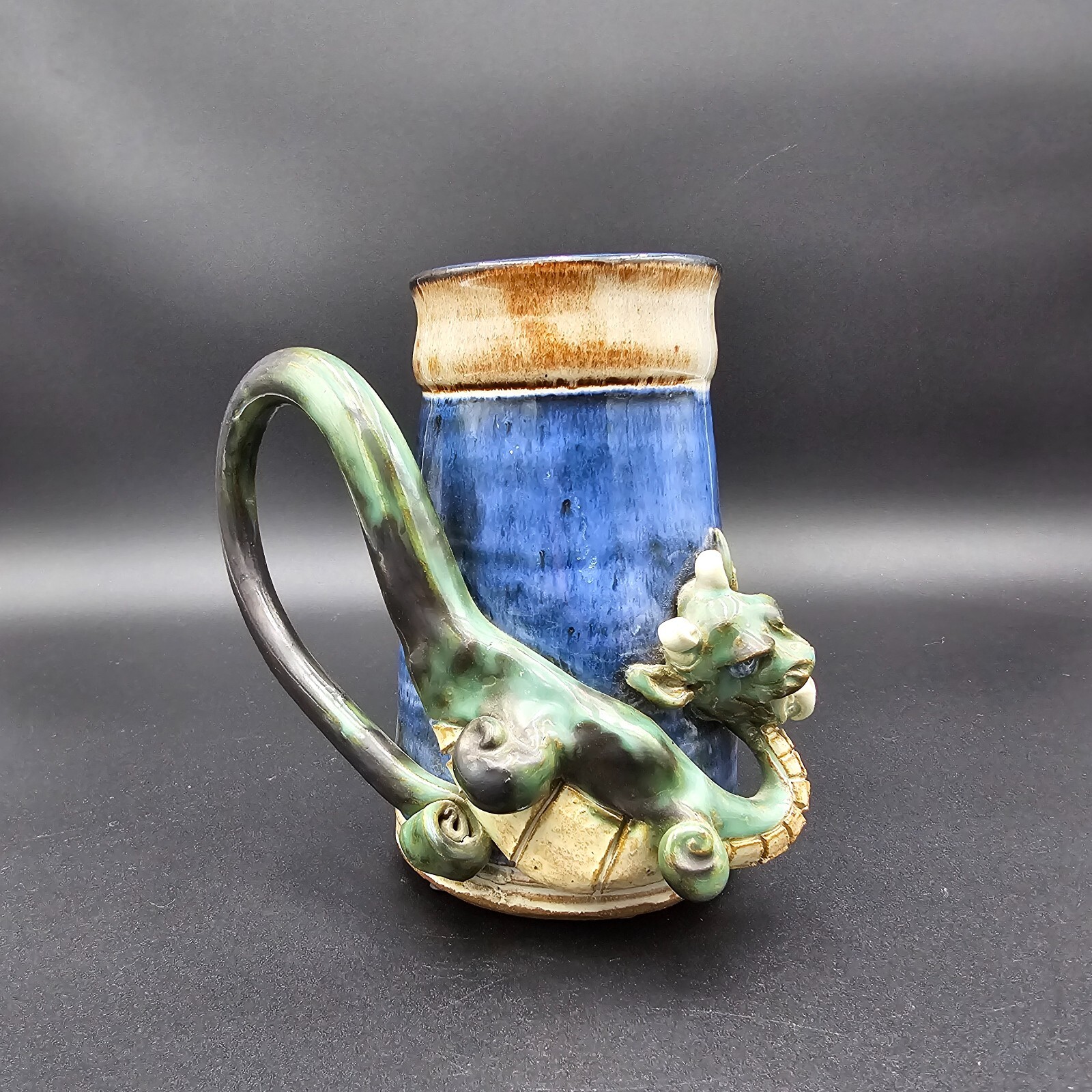 Studio Art Pottery Dragon Mug Stein Cup Large Artist Signed CM HR 7" tall