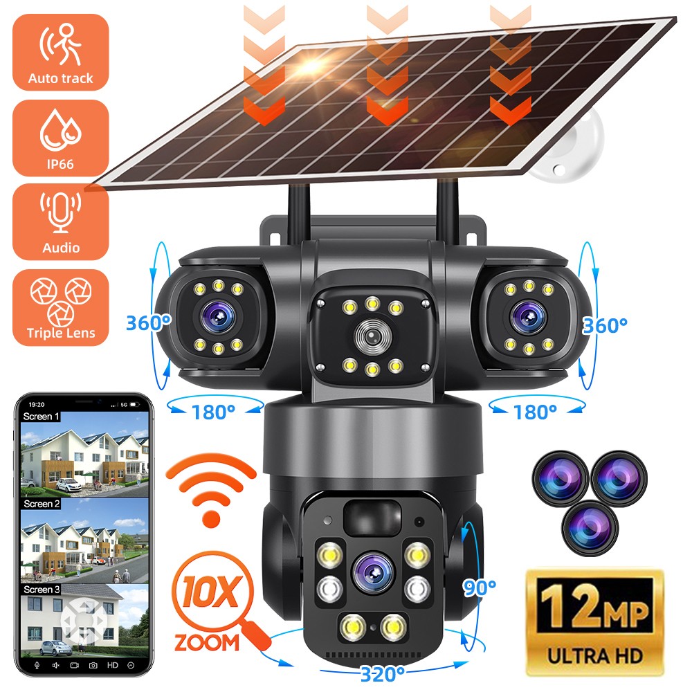 3 Lens 12MP Solar Battery Home Security Camera Outdoor Wifi Wireless PTZ CCTV US