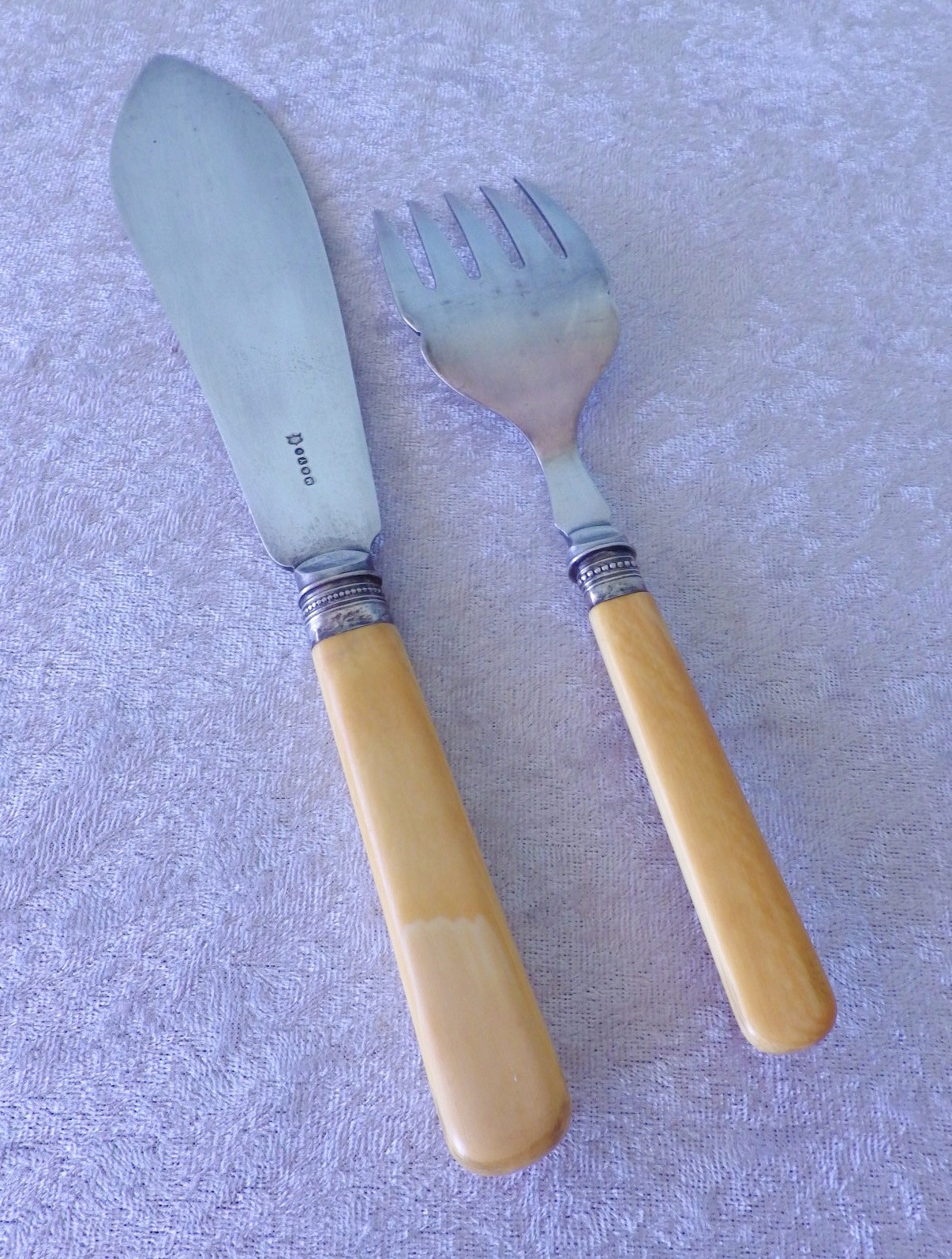 Antique JB James Beebe fish serving fork & knife sterling band silverplate blade