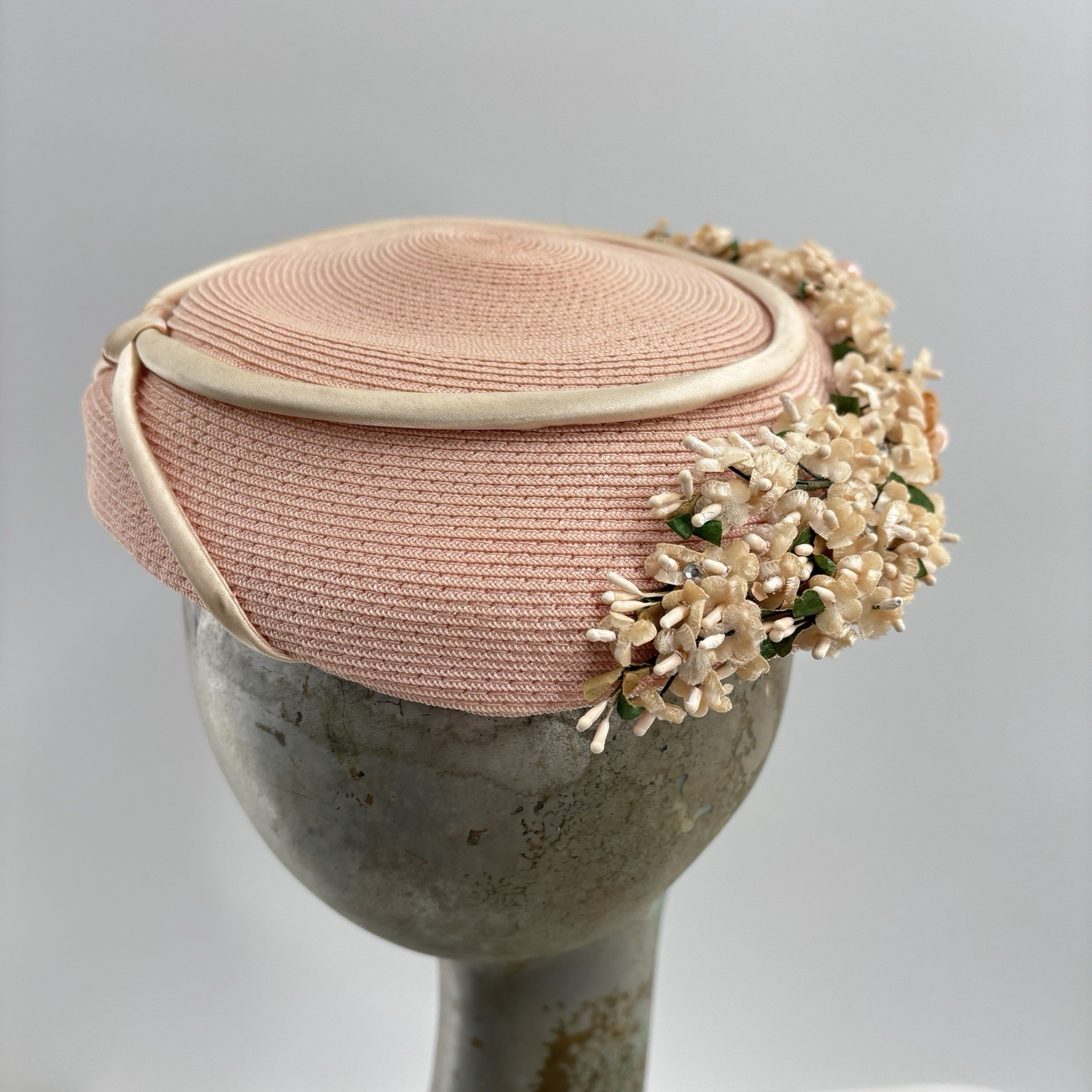 Vtg 60s Bon Rey Pink Floral Straw Hat Garden Party Tea Wedding