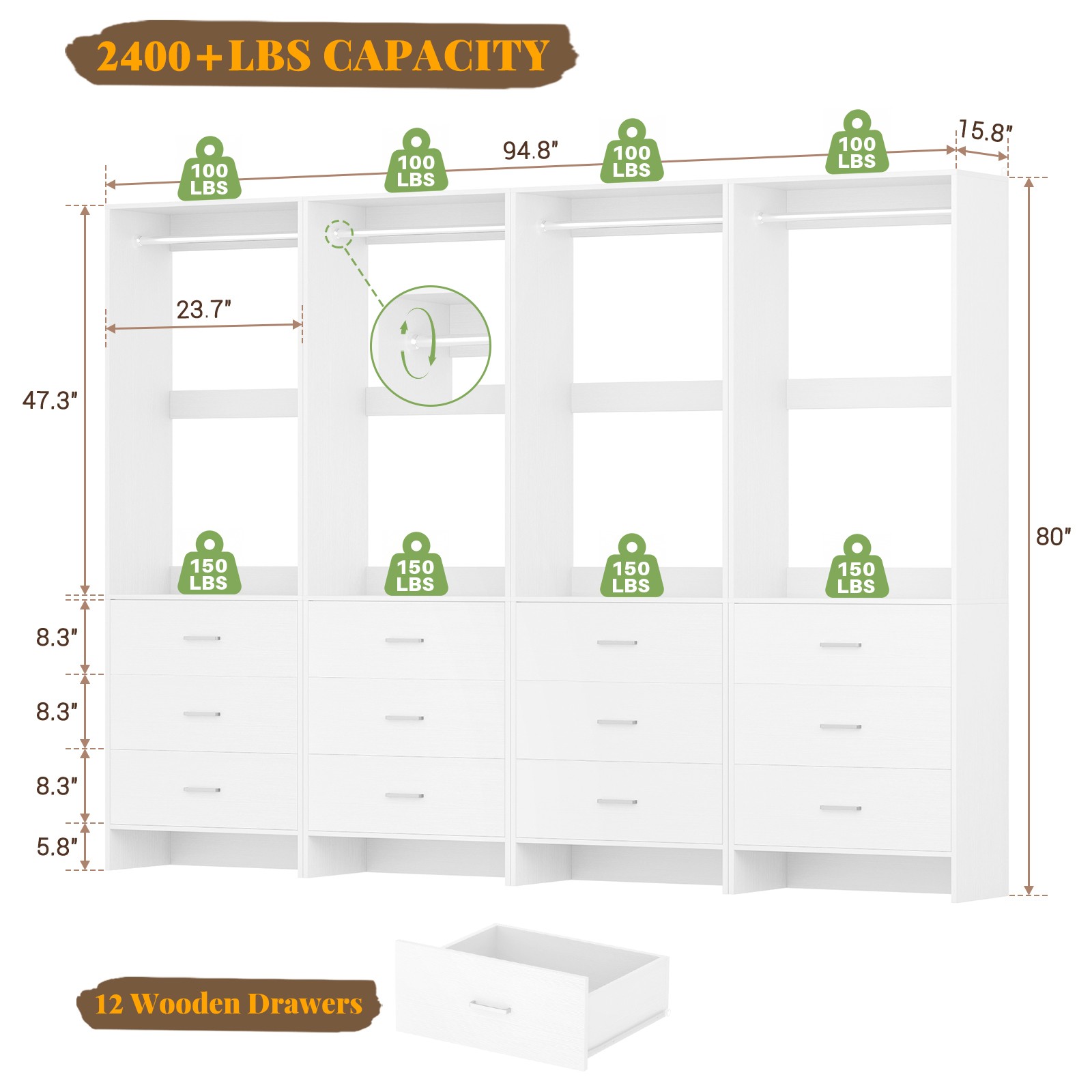 Set of 4 Walk-in Closet Organizer System Wardrobe with Drawers and Hanging Rods